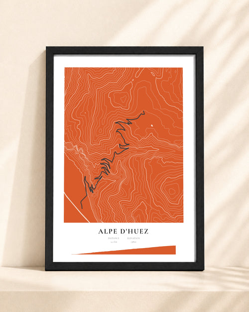 Alpe d'Huez 2D Contour Print – framed contour map print, black frame