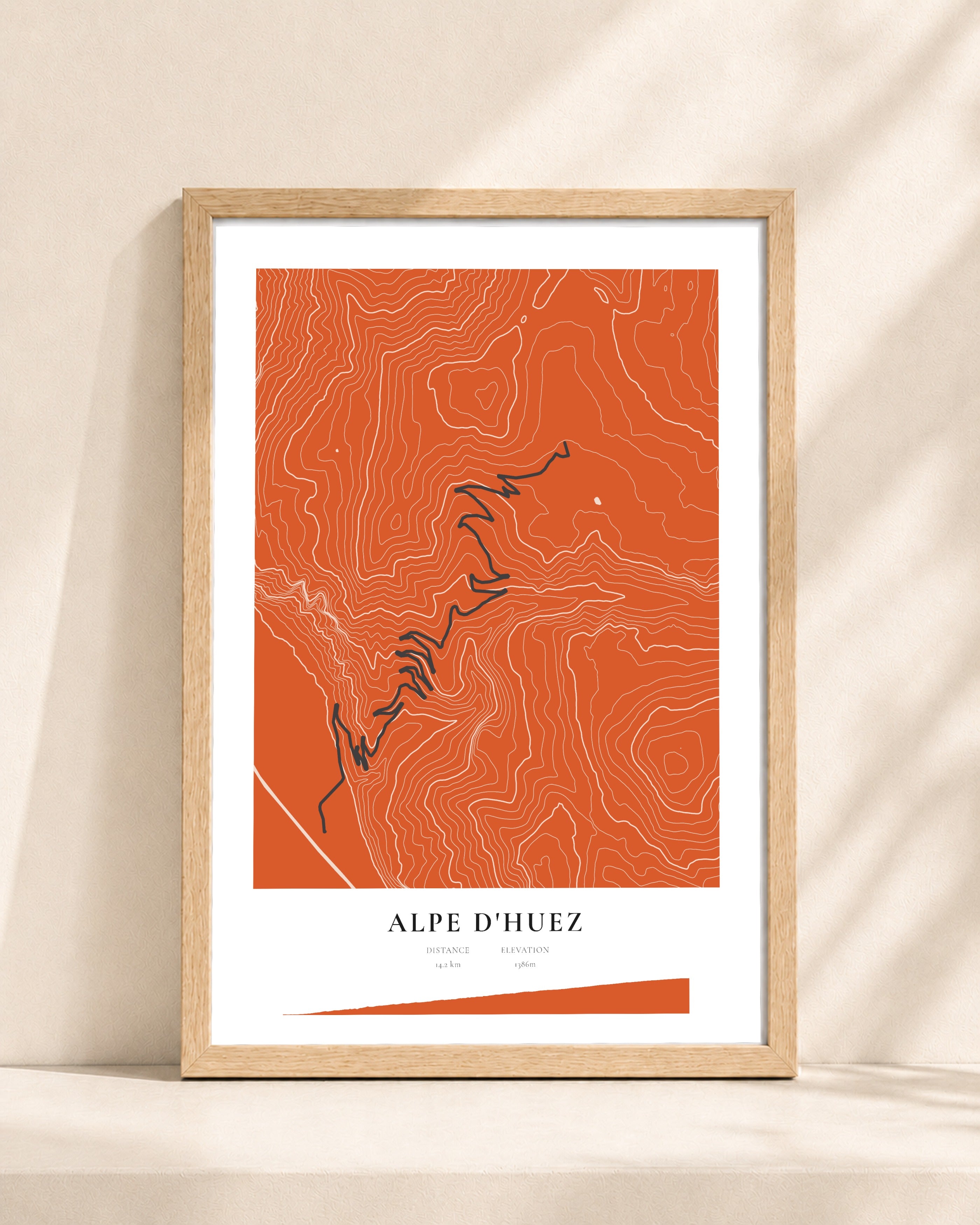 Alpe d'Huez 2D Contour Print – framed contour map print, natural wood frame