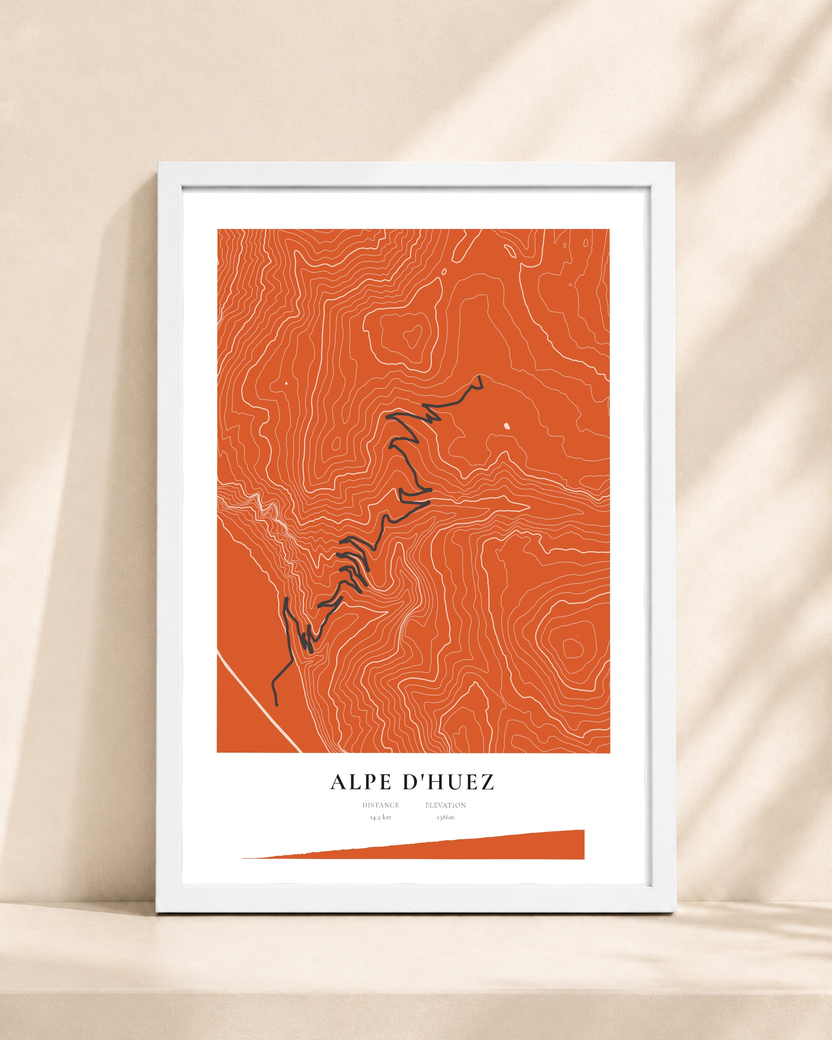 Alpe d'Huez 2D Contour Print – framed contour map print, white frame