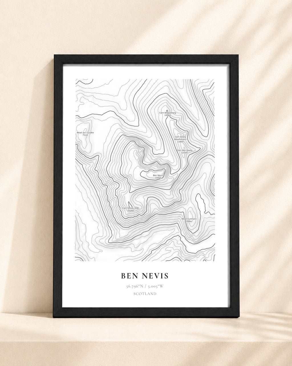 Ben Nevis 2D Contour Print – framed contour map print, black frame