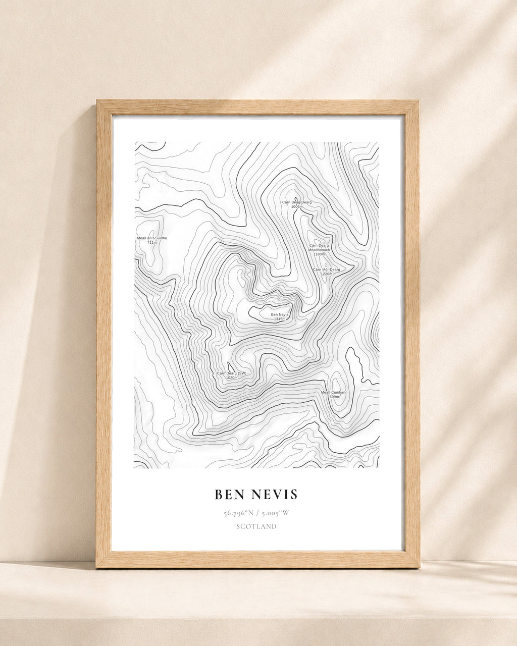 Ben Nevis 2D Contour Print – framed contour map print, natural wood frame