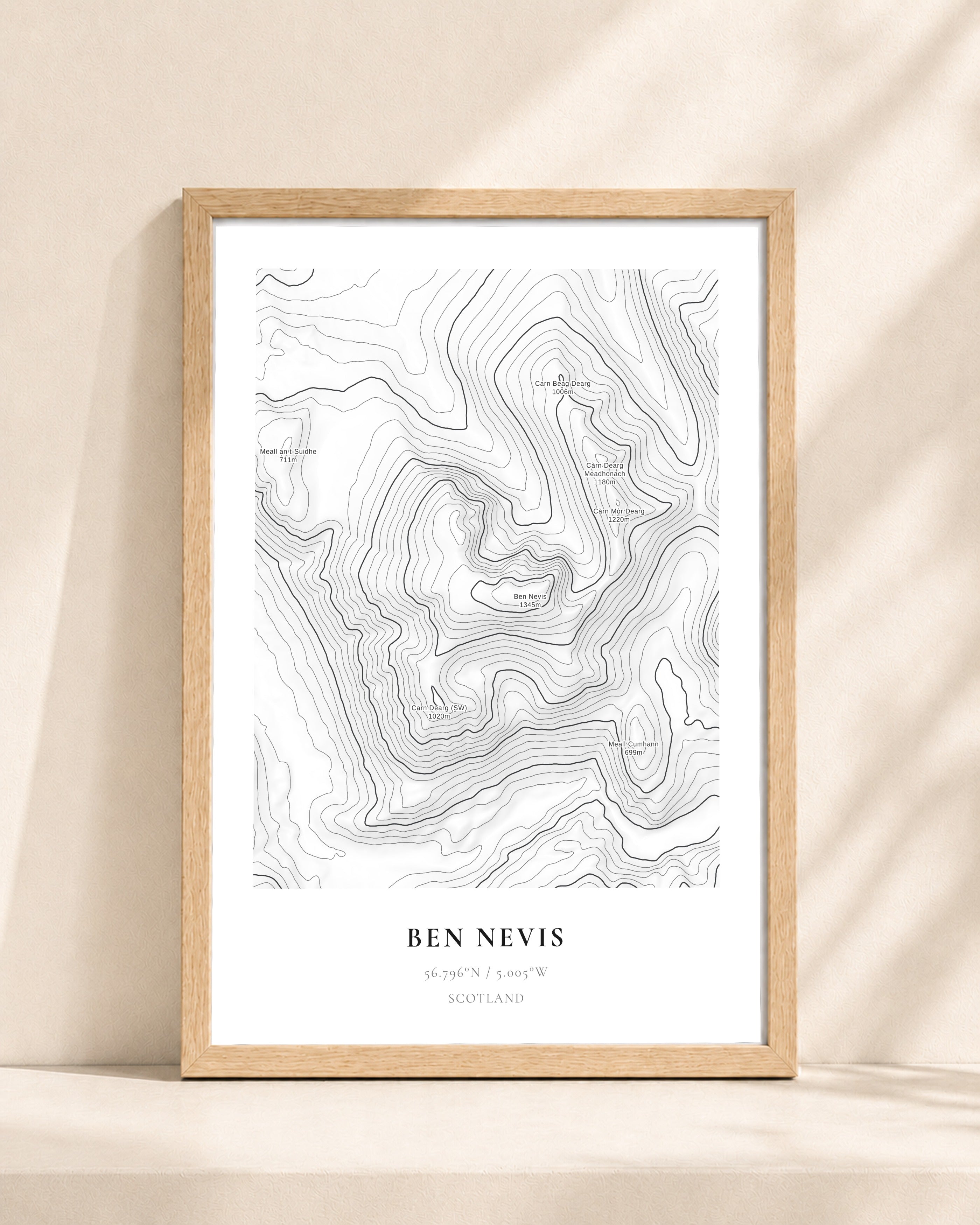 Ben Nevis 2D Contour Print – framed contour map print, natural wood frame