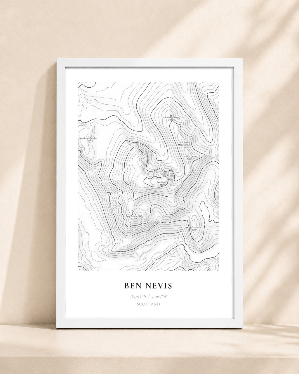 Ben Nevis 2D Contour Print – framed contour map print, white frame