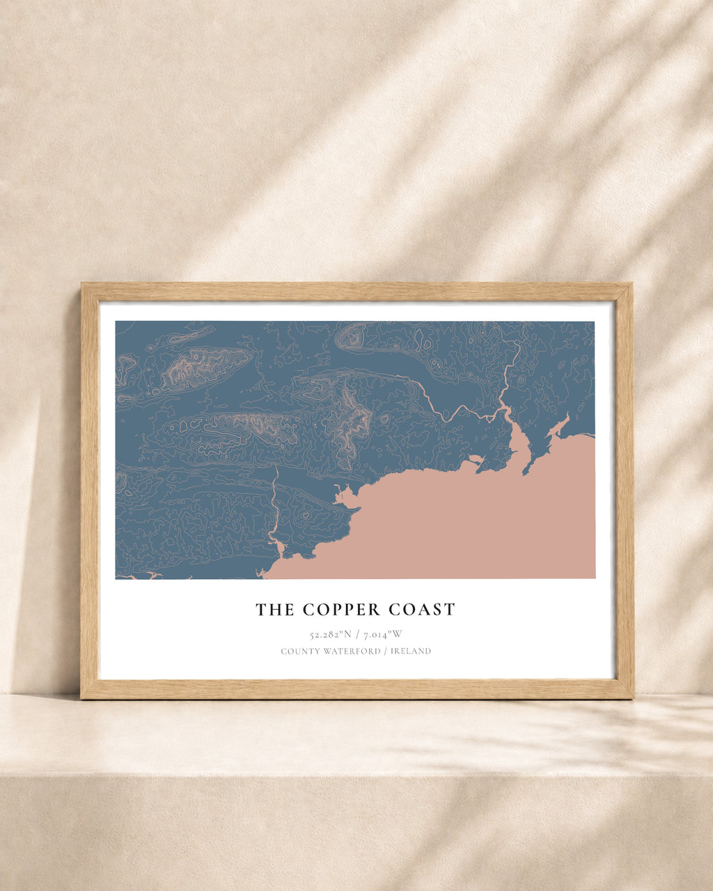 Copper Coast, Waterford 2D Contour Print – framed contour map print, natural wood frame