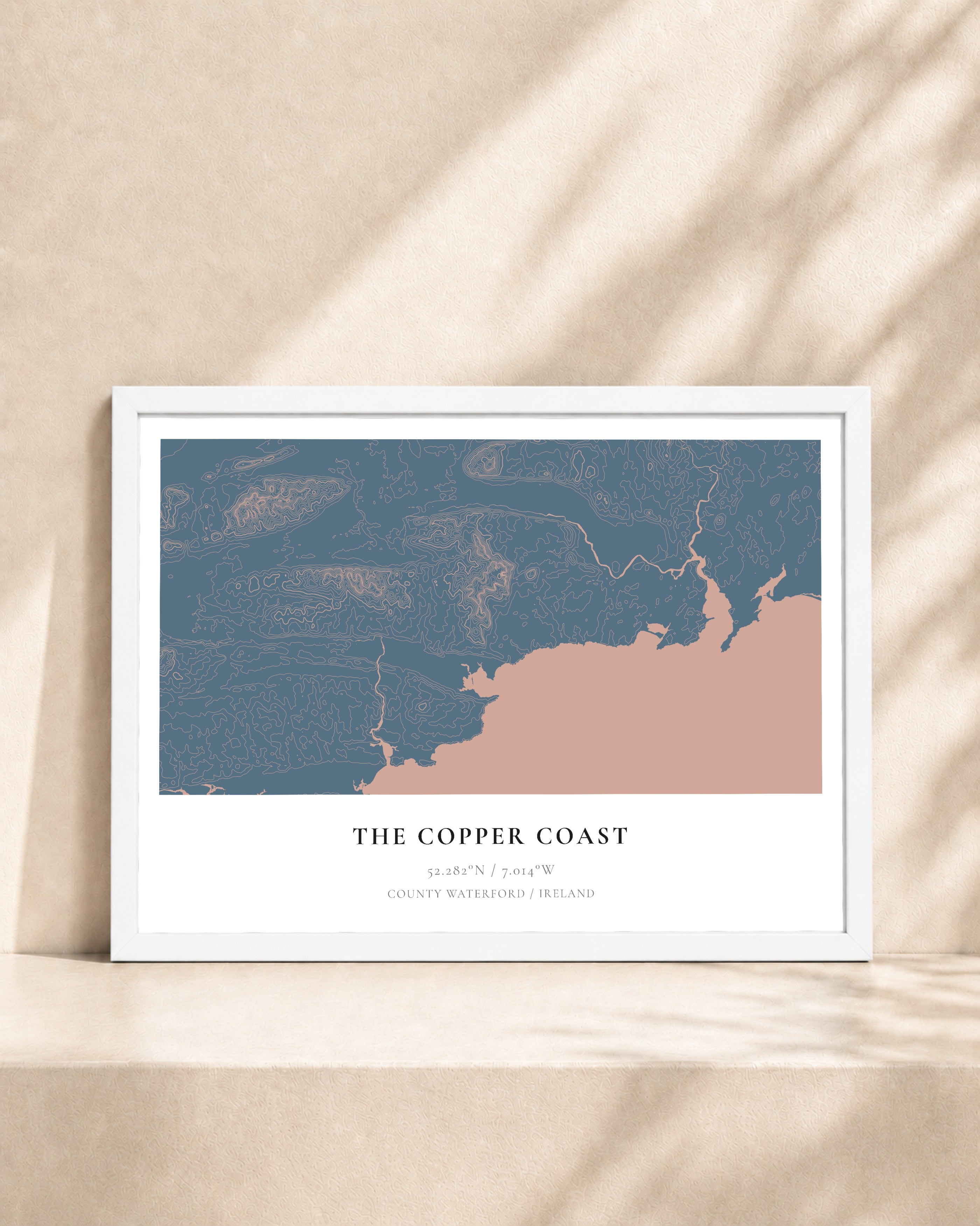 Copper Coast, Waterford 2D Contour Print – framed contour map print, white frame