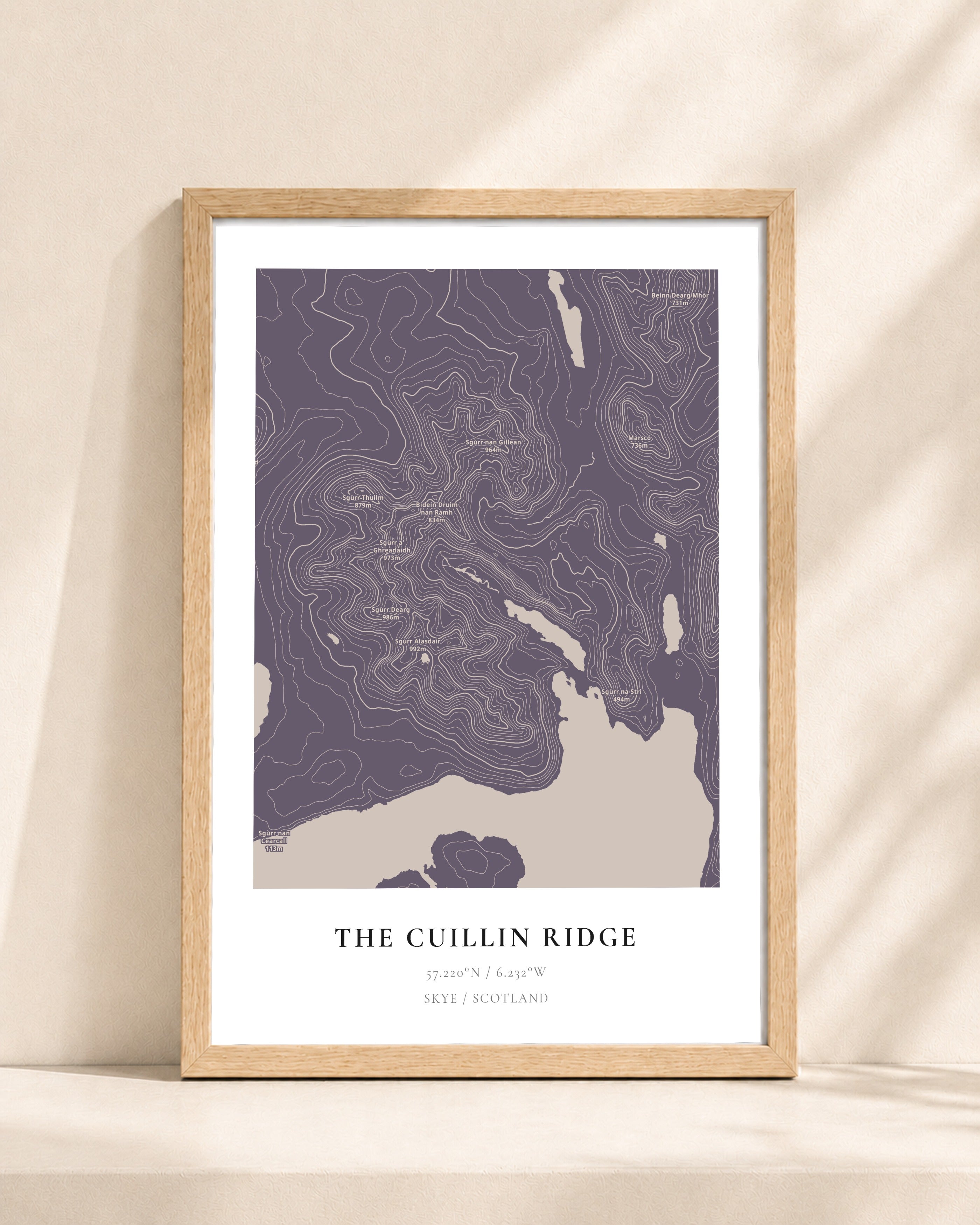 The Cuillin Ridge 2D Contour Print – framed contour map print, natural wood frame