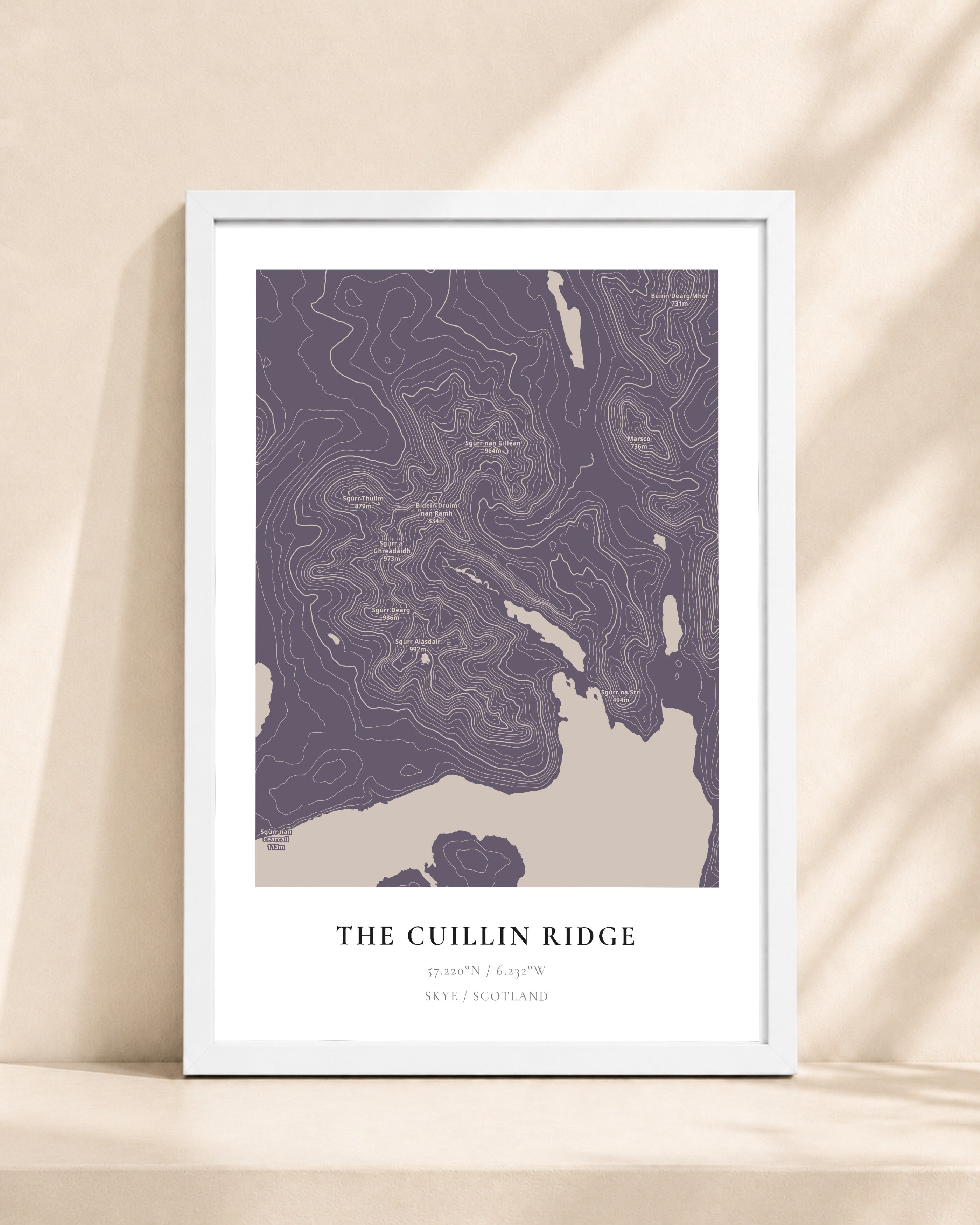 The Cuillin Ridge 2D Contour Print – framed contour map print, white frame