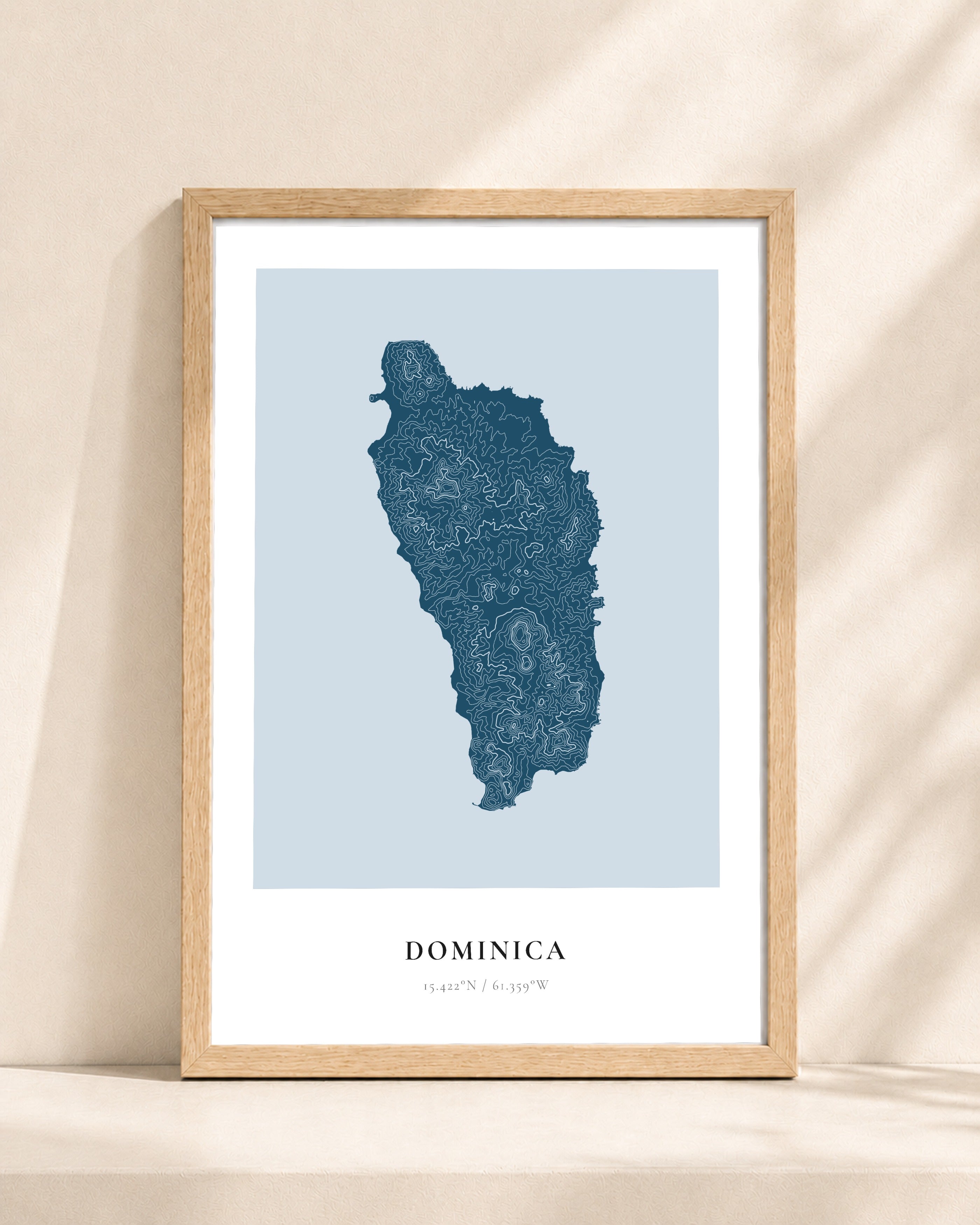 Dominica 2D Contour Print – framed contour map print, natural wood frame