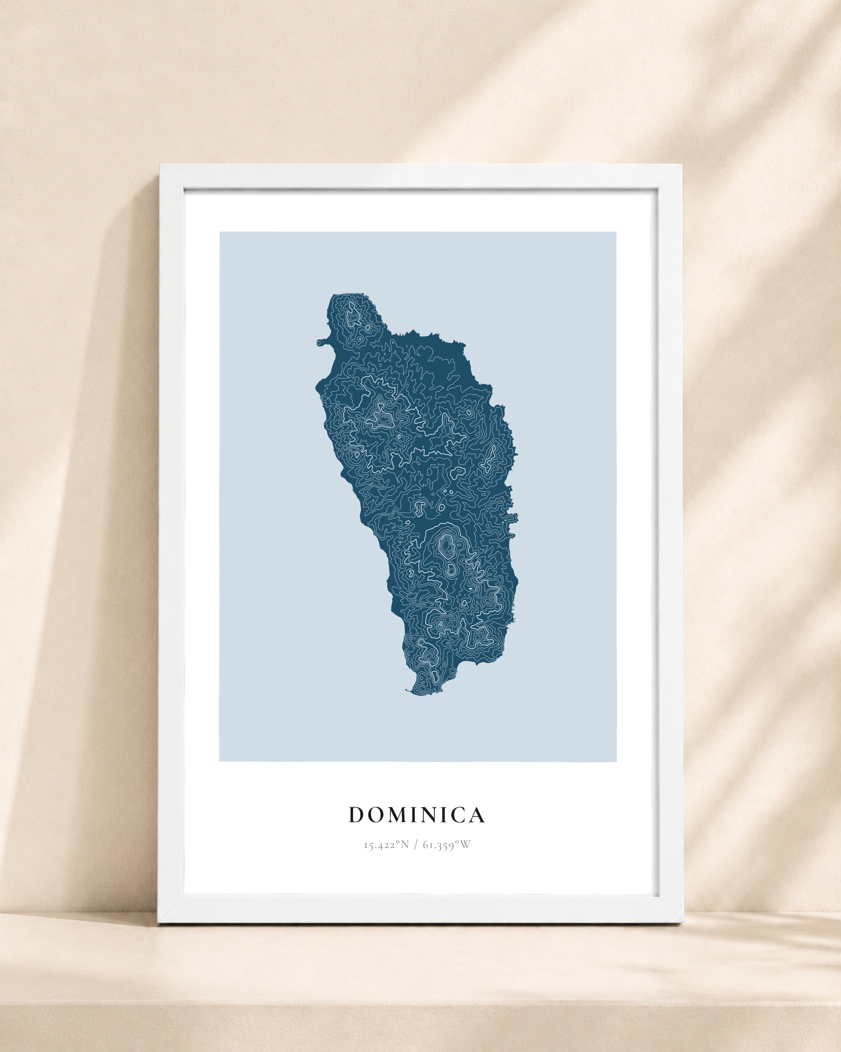 Dominica 2D Contour Print – framed contour map print, white frame