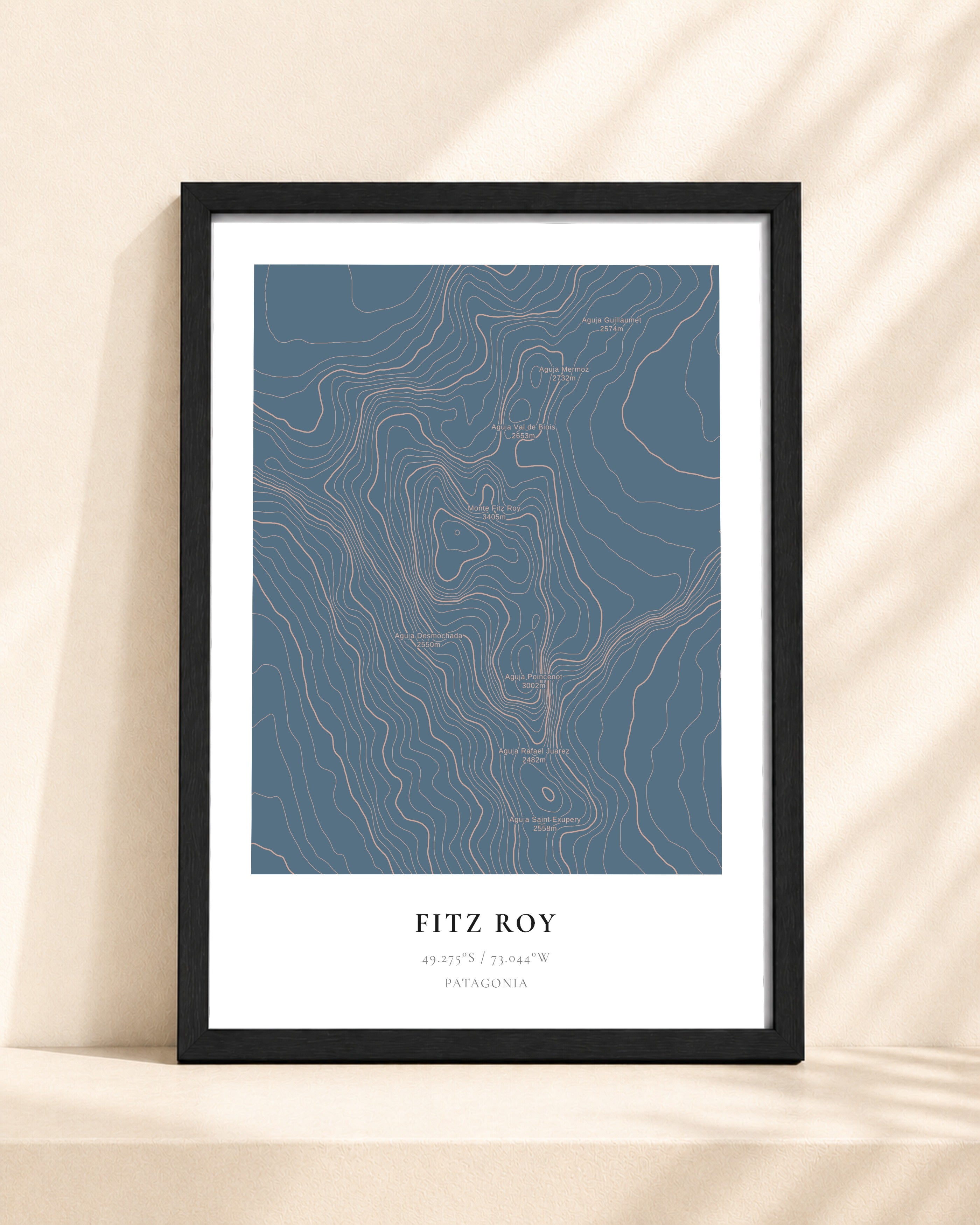 Fitz Roy 2D Contour Print – framed contour map print, black frame