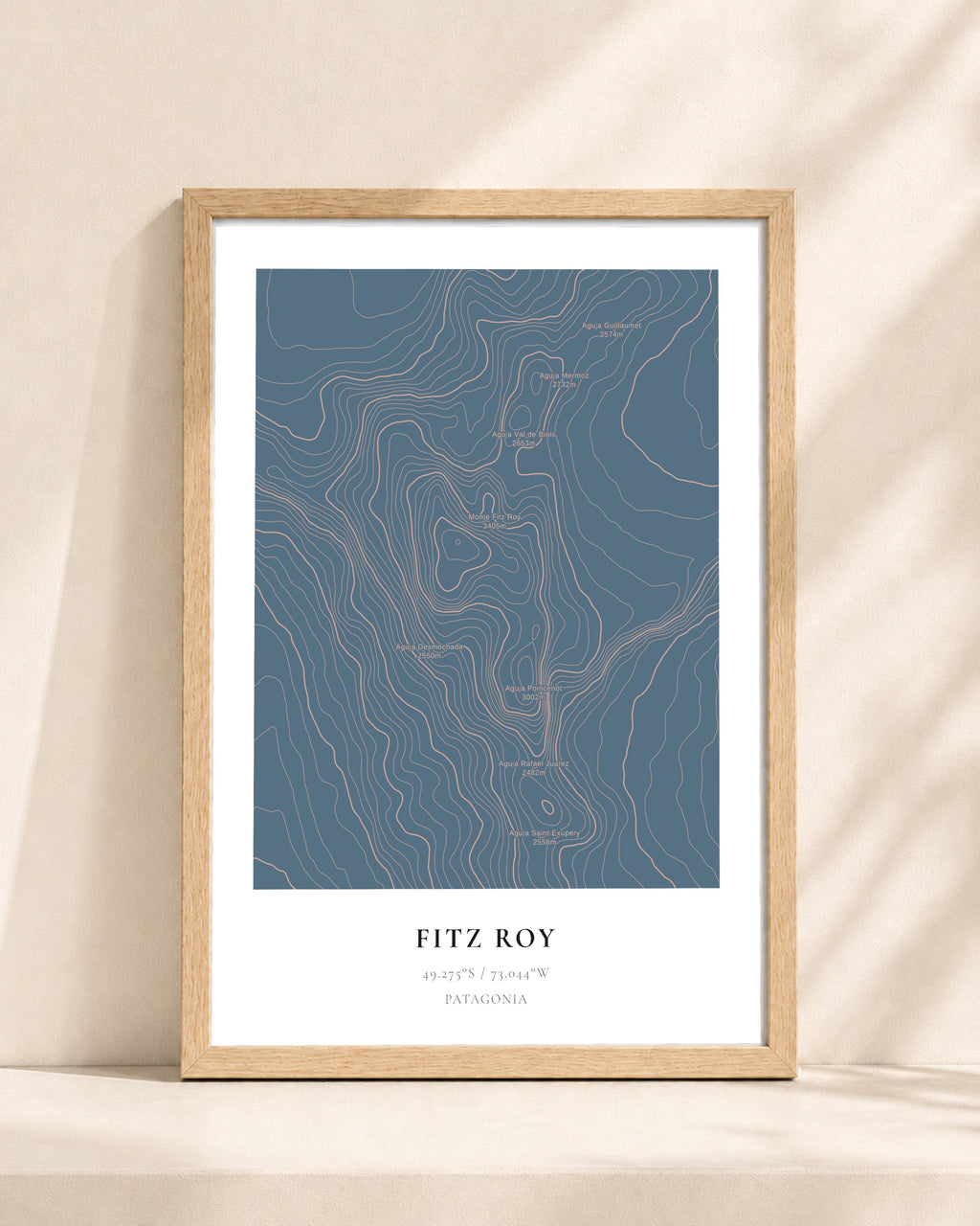 Fitz Roy 2D Contour Print – framed contour map print, natural wood frame
