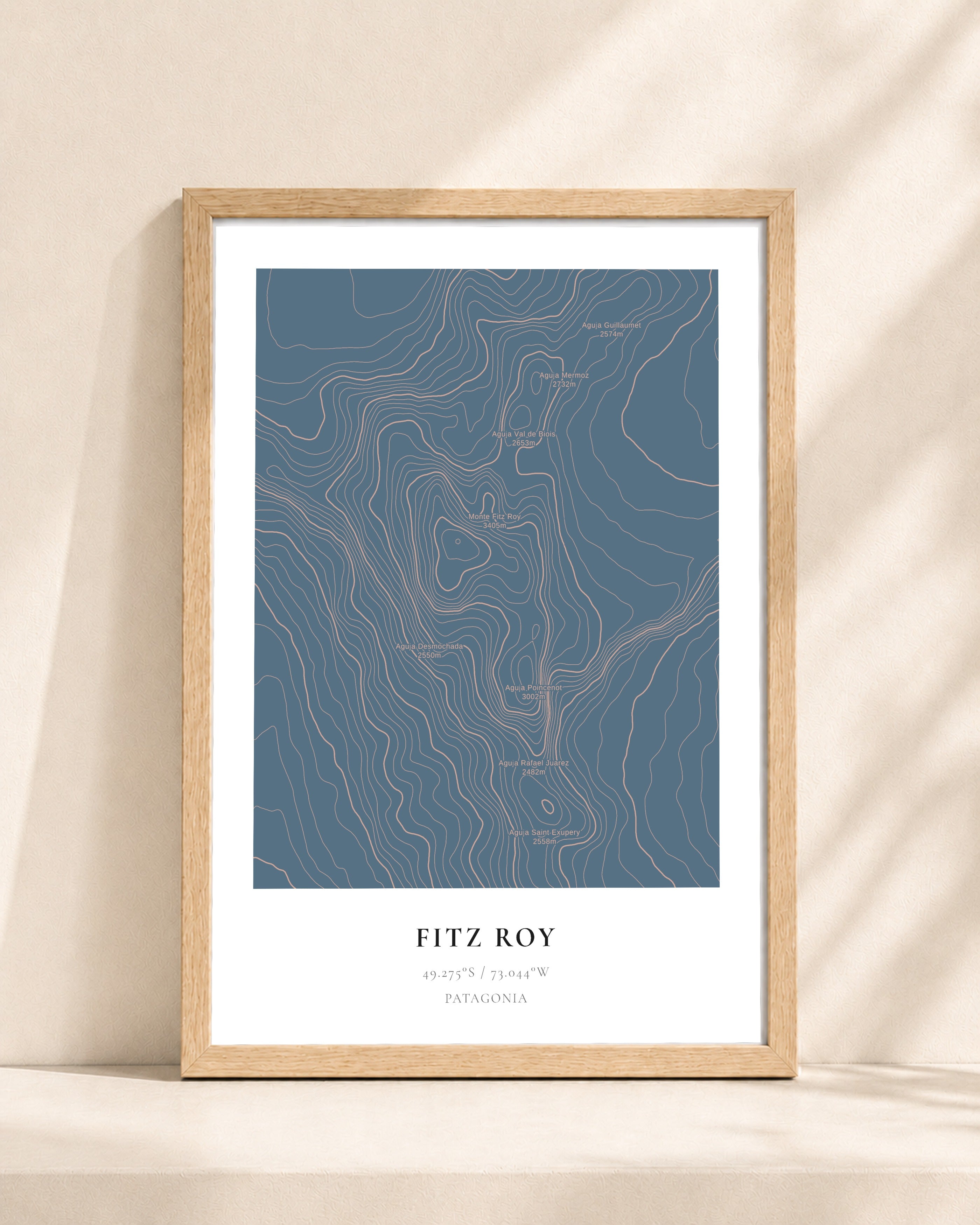 Fitz Roy 2D Contour Print – framed contour map print, natural wood frame