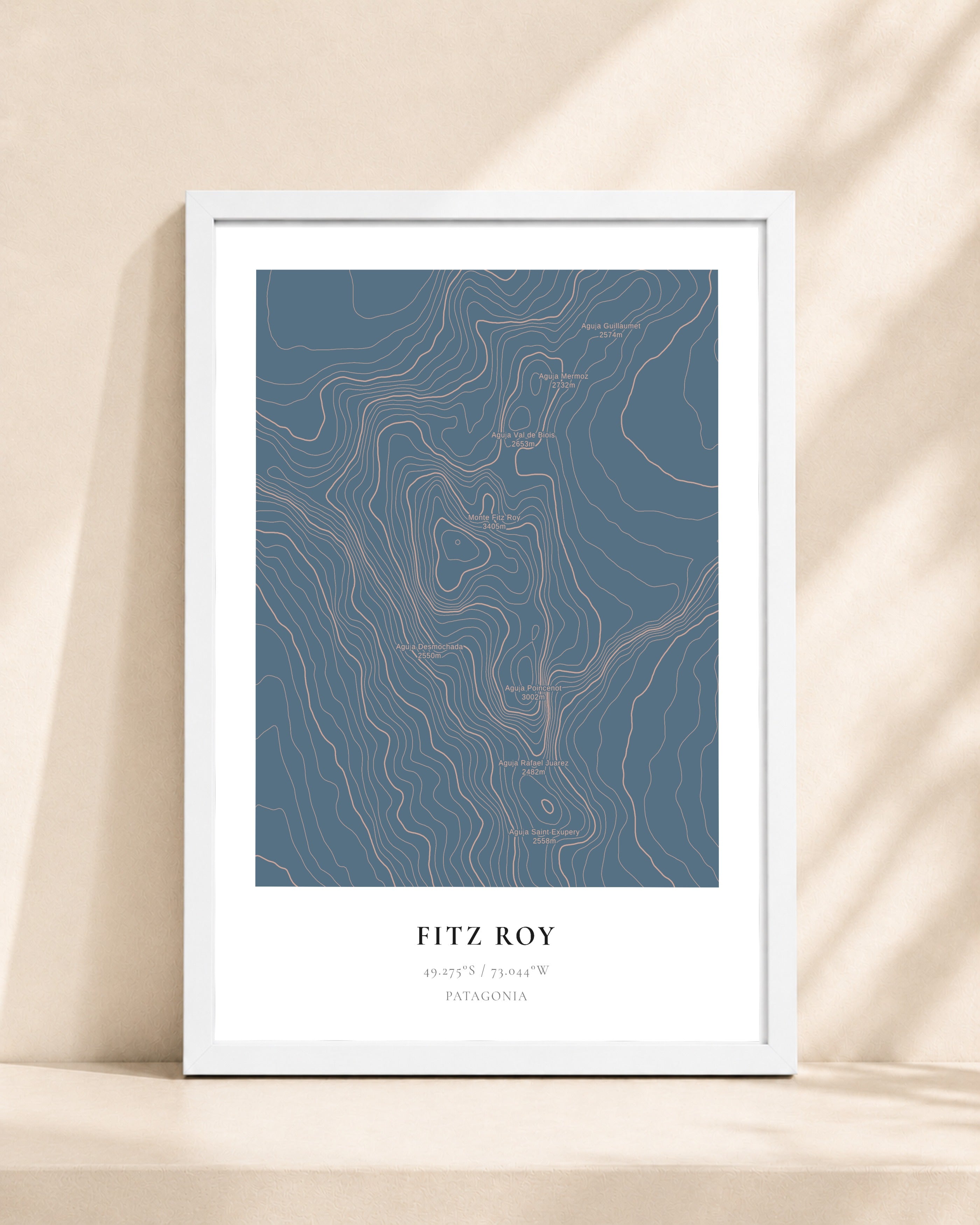 Fitz Roy 2D Contour Print – framed contour map print, white frame