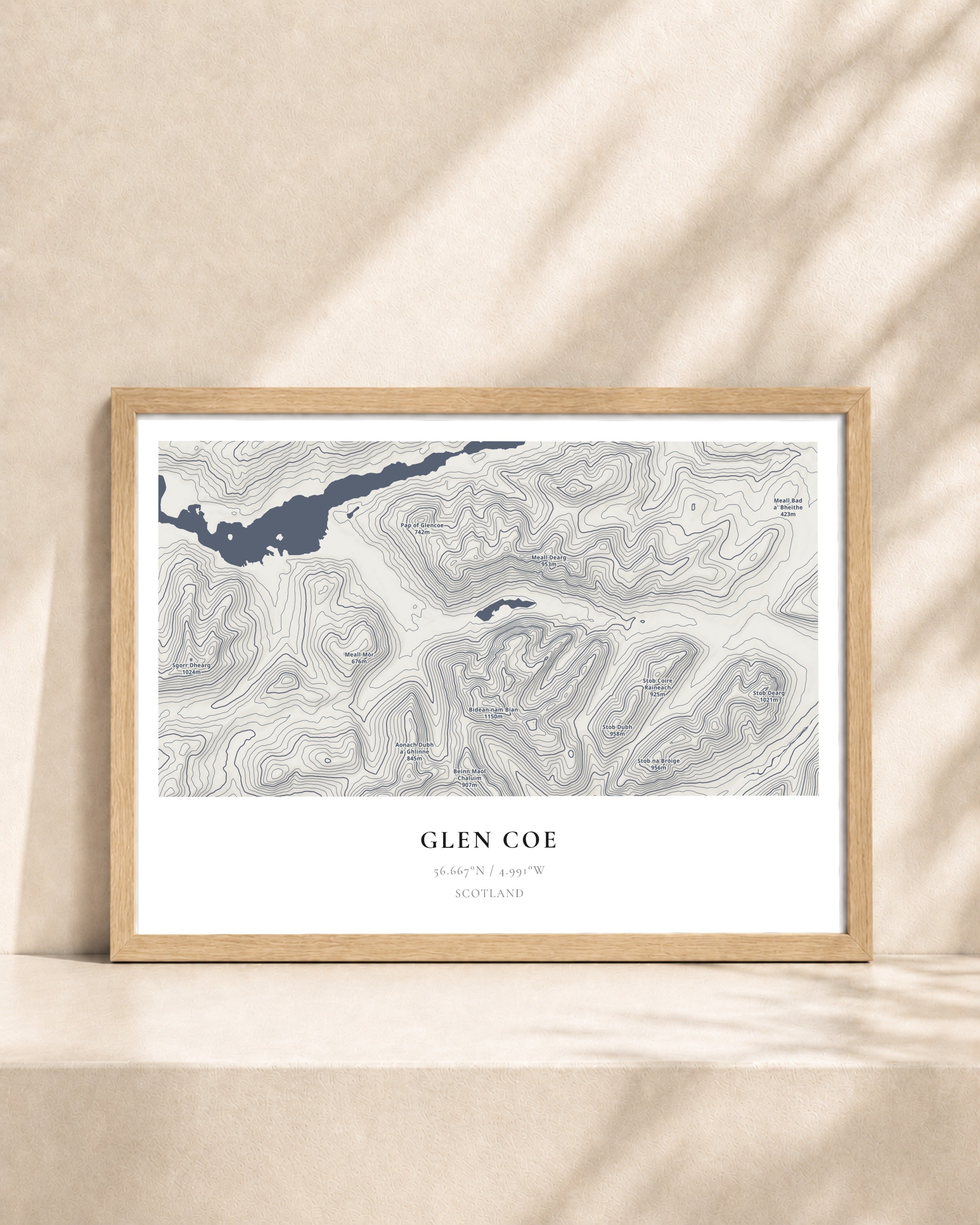 Glen Coe 2D Contour Print – framed contour map print, natural wood frame