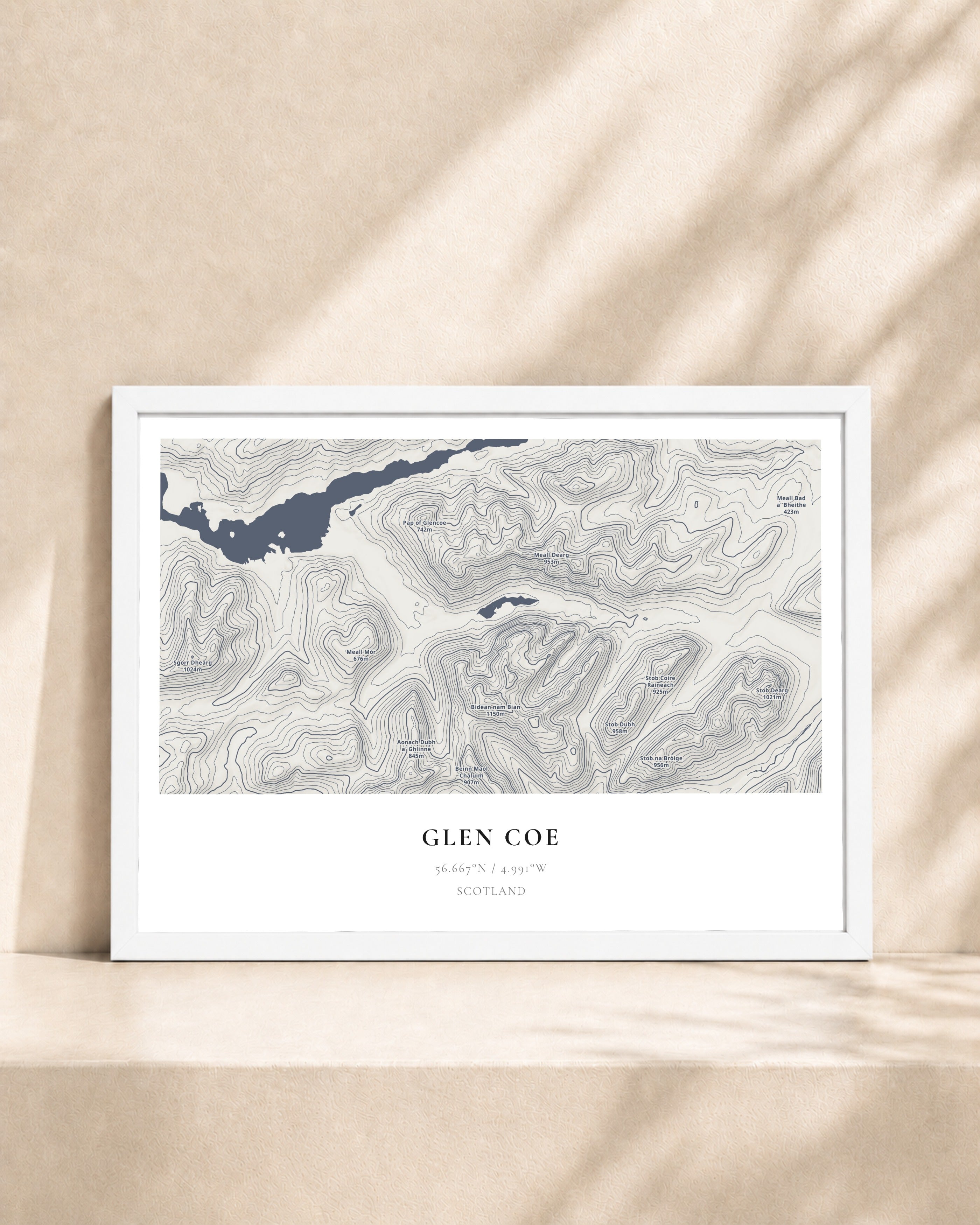 Glen Coe 2D Contour Print – framed contour map print, white frame