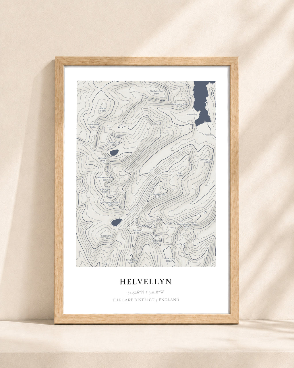 Helvellyn 2D Contour Print – framed contour map print, natural wood frame