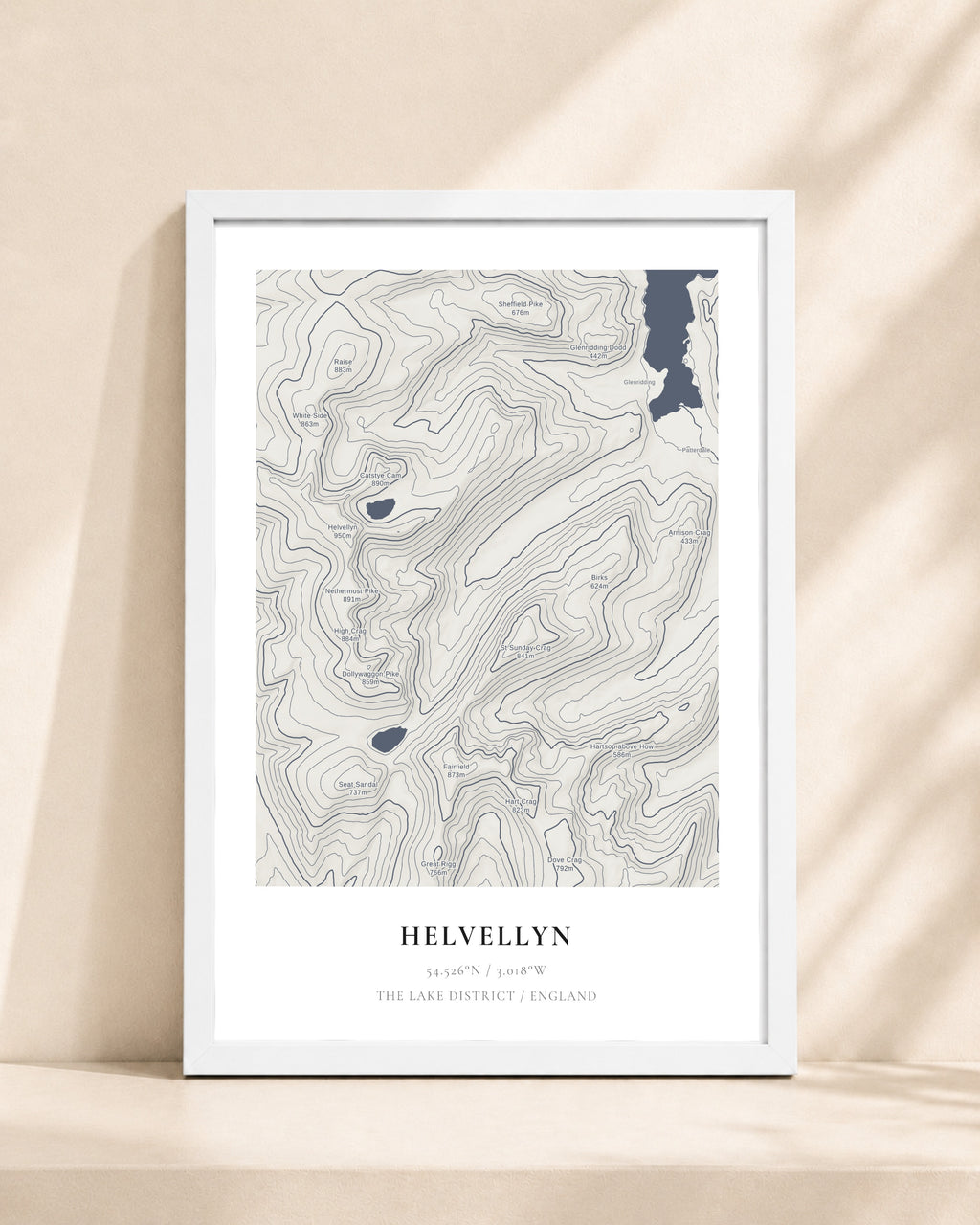 Helvellyn 2D Contour Print – framed contour map print, white frame