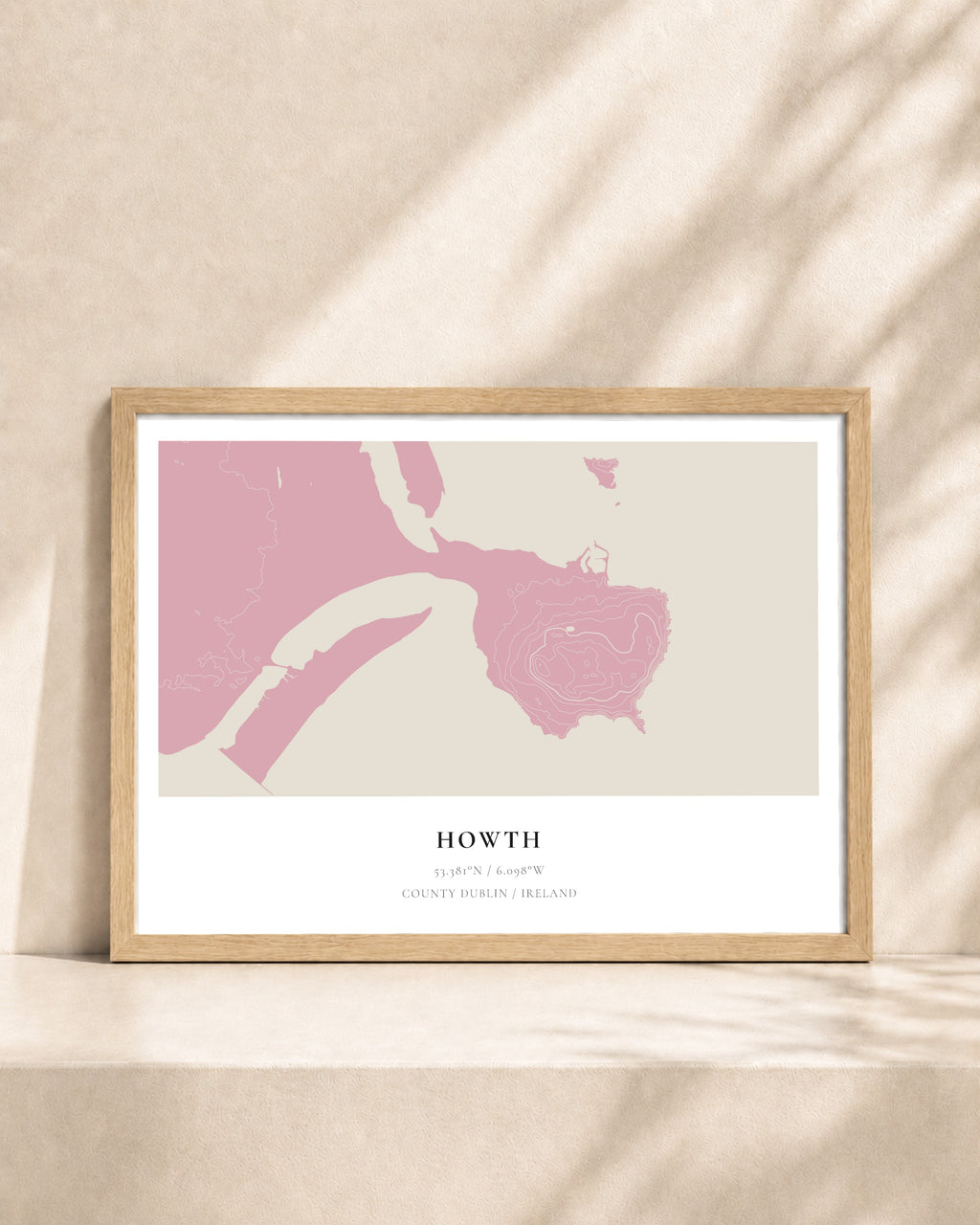 Howth 2D Contour Print – framed contour map print, natural wood frame