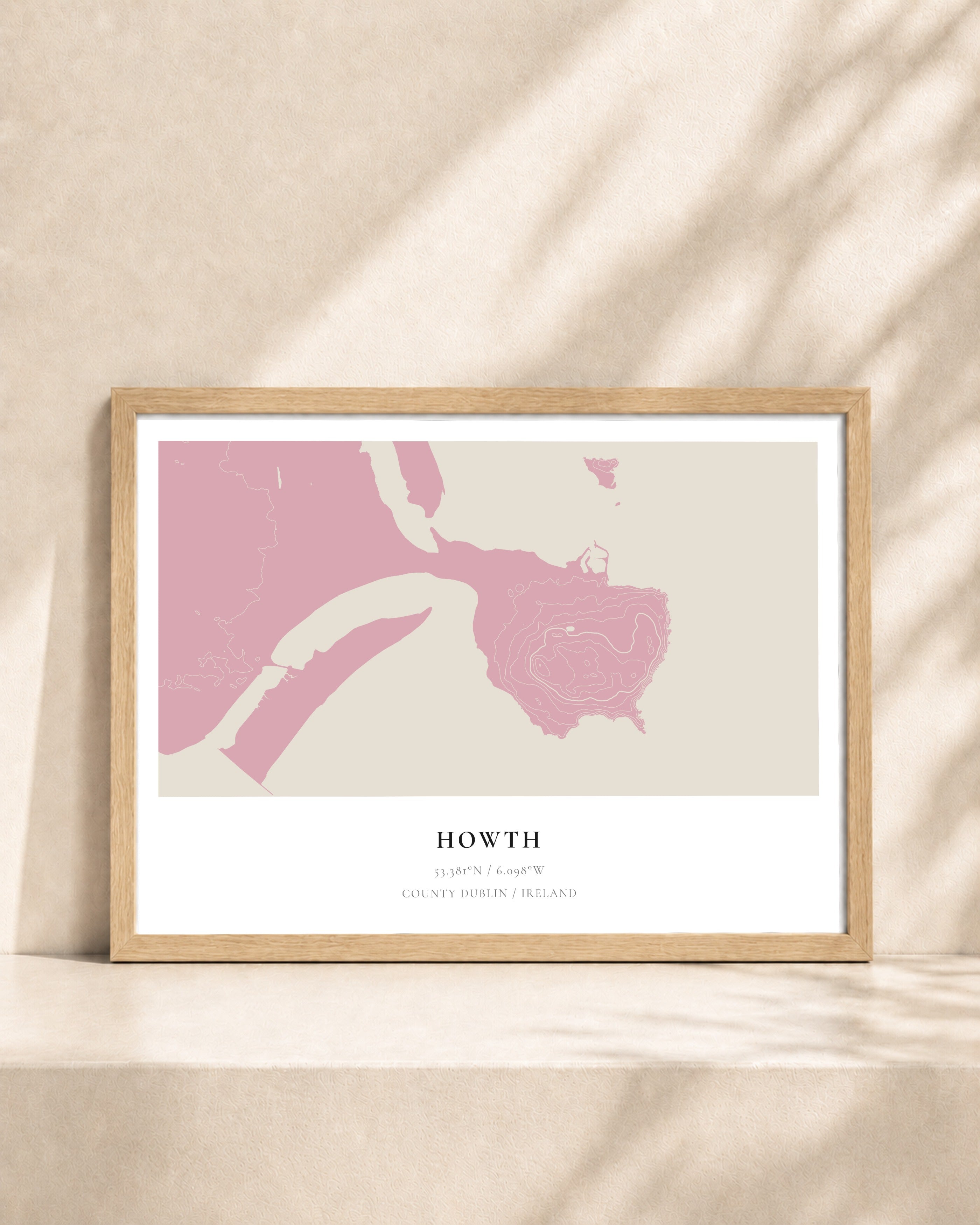 Howth 2D Contour Print – framed contour map print, natural wood frame