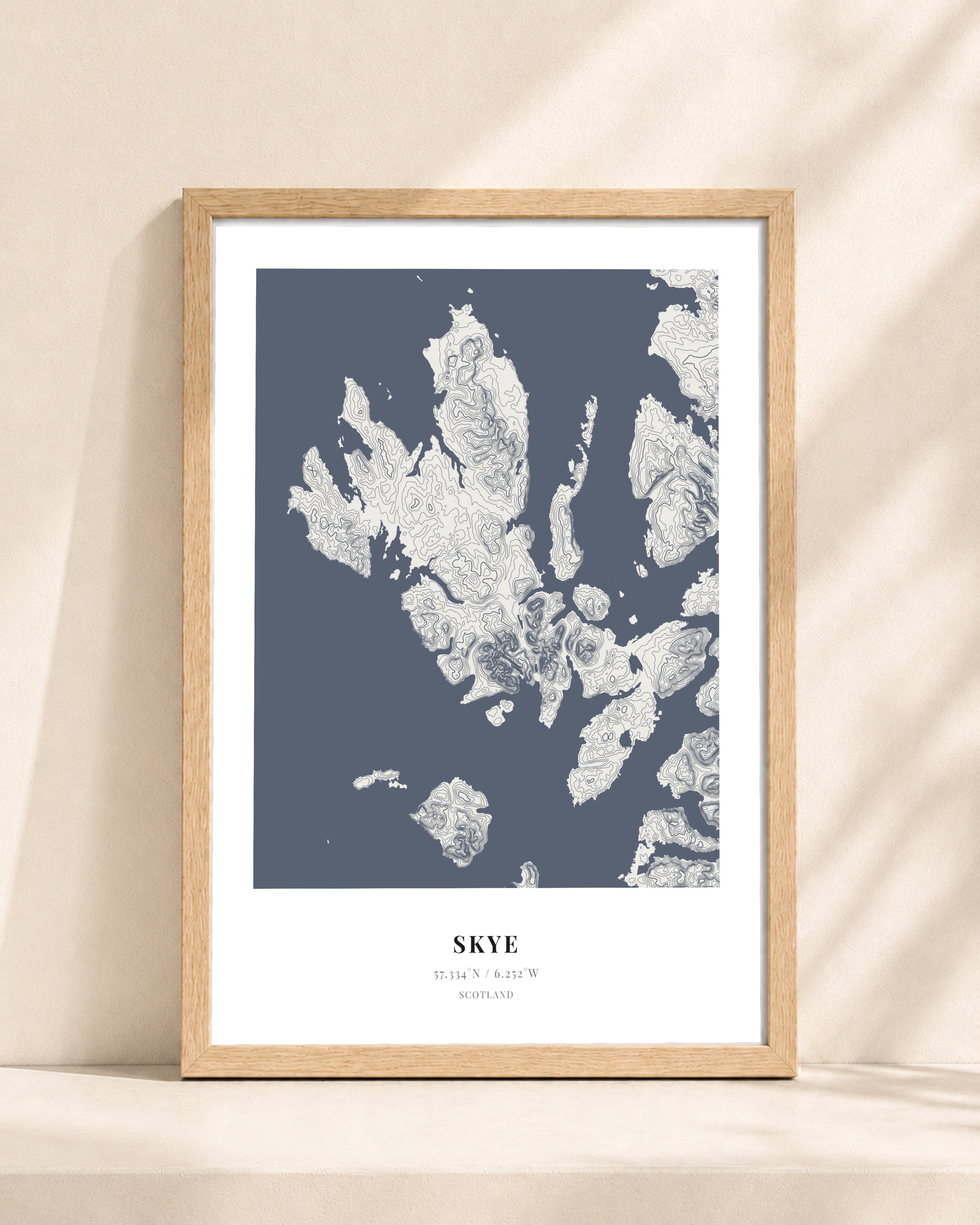 Isle of Skye 2D Contour Print – framed contour map print, natural wood frame