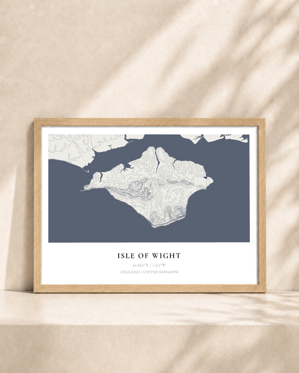 Isle of Wight 2D Contour Print – framed contour map print, natural wood frame