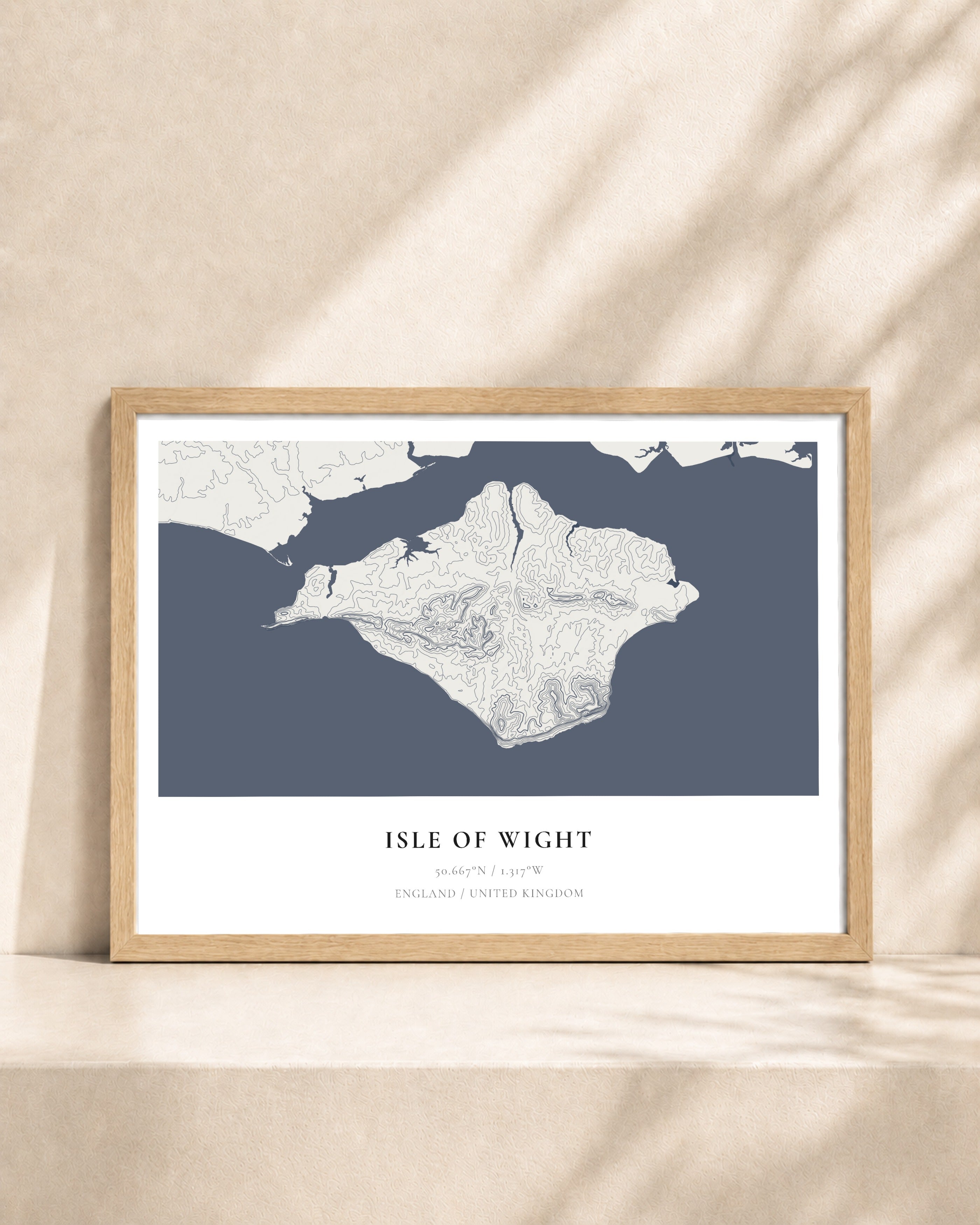 Isle of Wight 2D Contour Print – framed contour map print, natural wood frame
