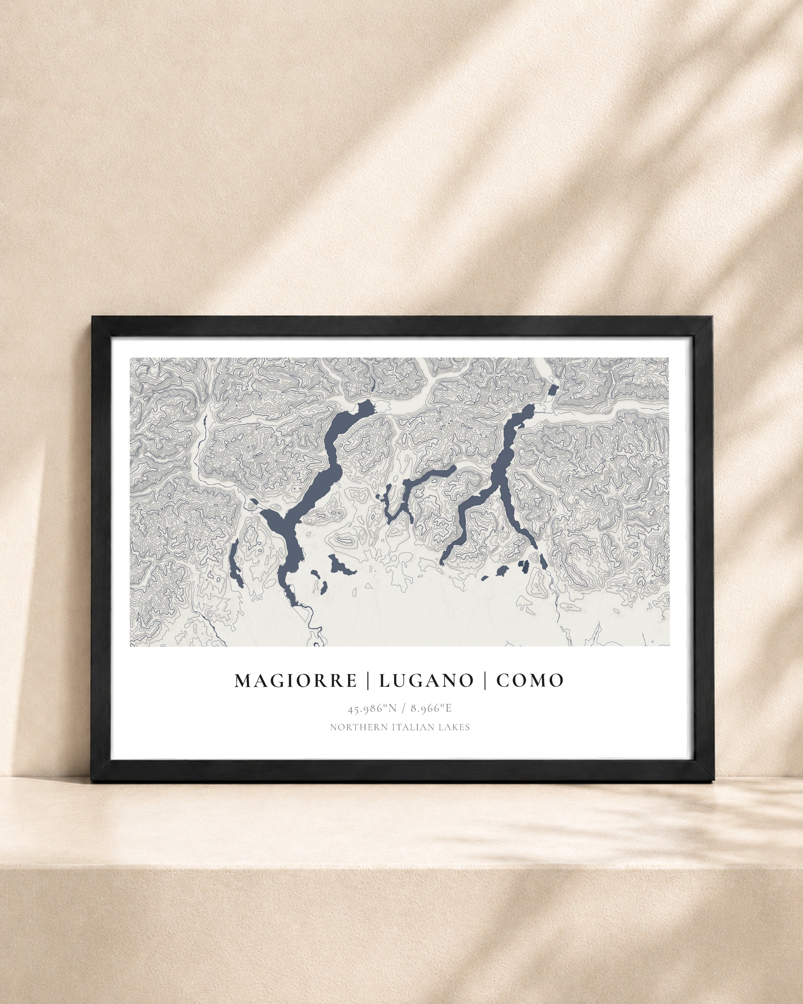 Italian Lakes 2D Contour Print – framed contour map print, black frame