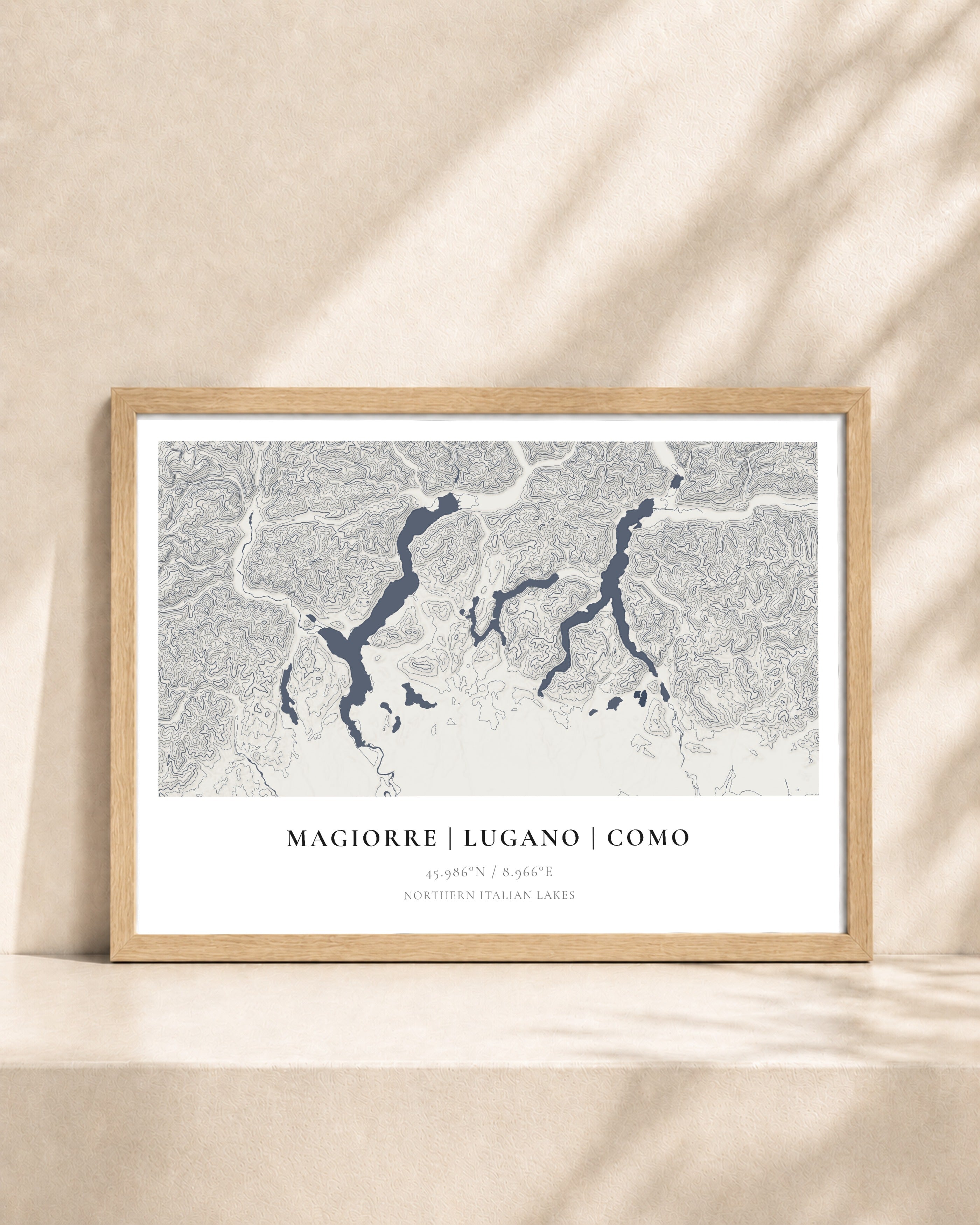 Italian Lakes 2D Contour Print – framed contour map print, natural wood frame