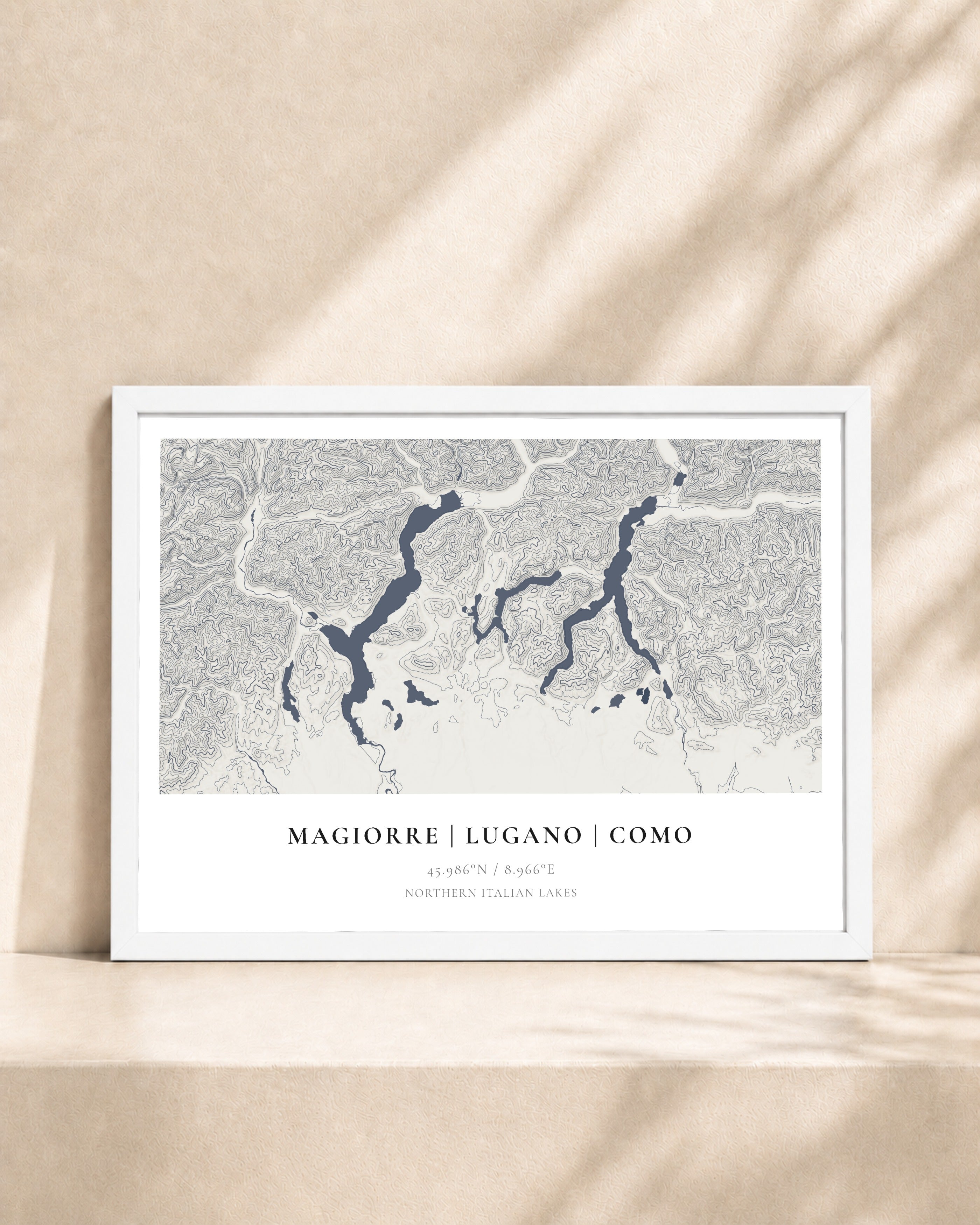 Italian Lakes 2D Contour Print – framed contour map print, white frame