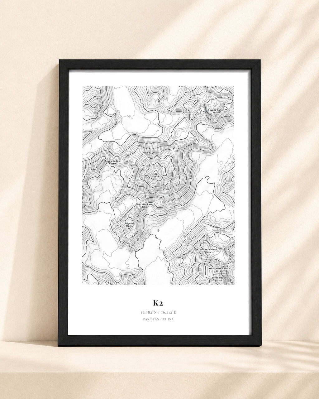 K2 2D Contour Print – framed contour map print, black frame