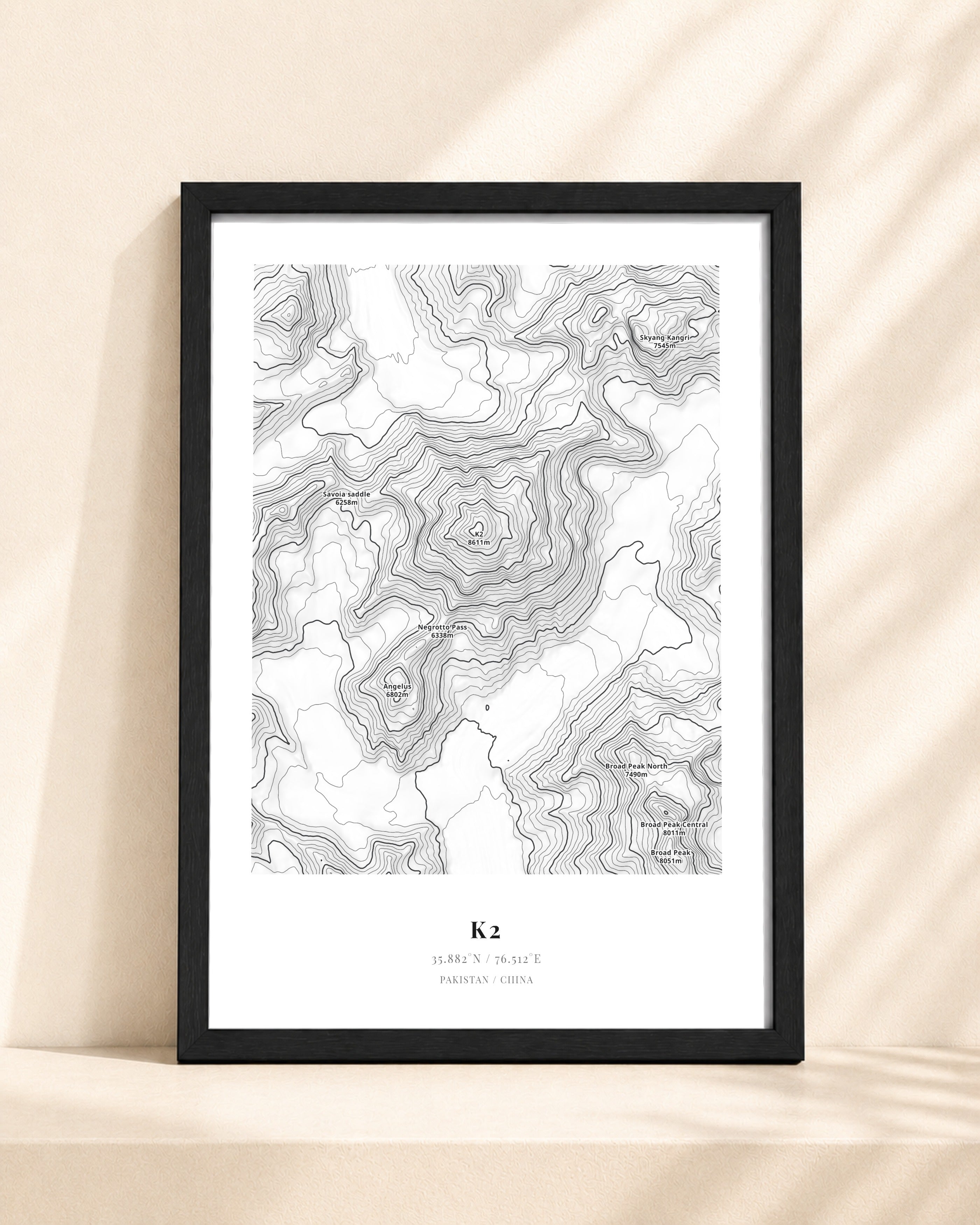 K2 2D Contour Print – framed contour map print, black frame
