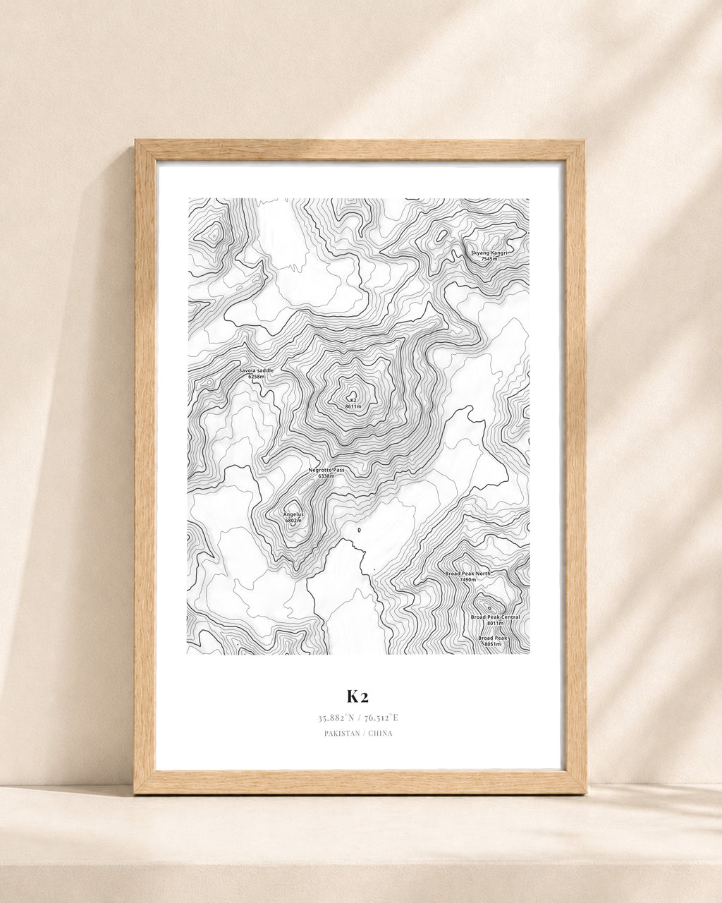 K2 2D Contour Print – framed contour map print, natural wood frame