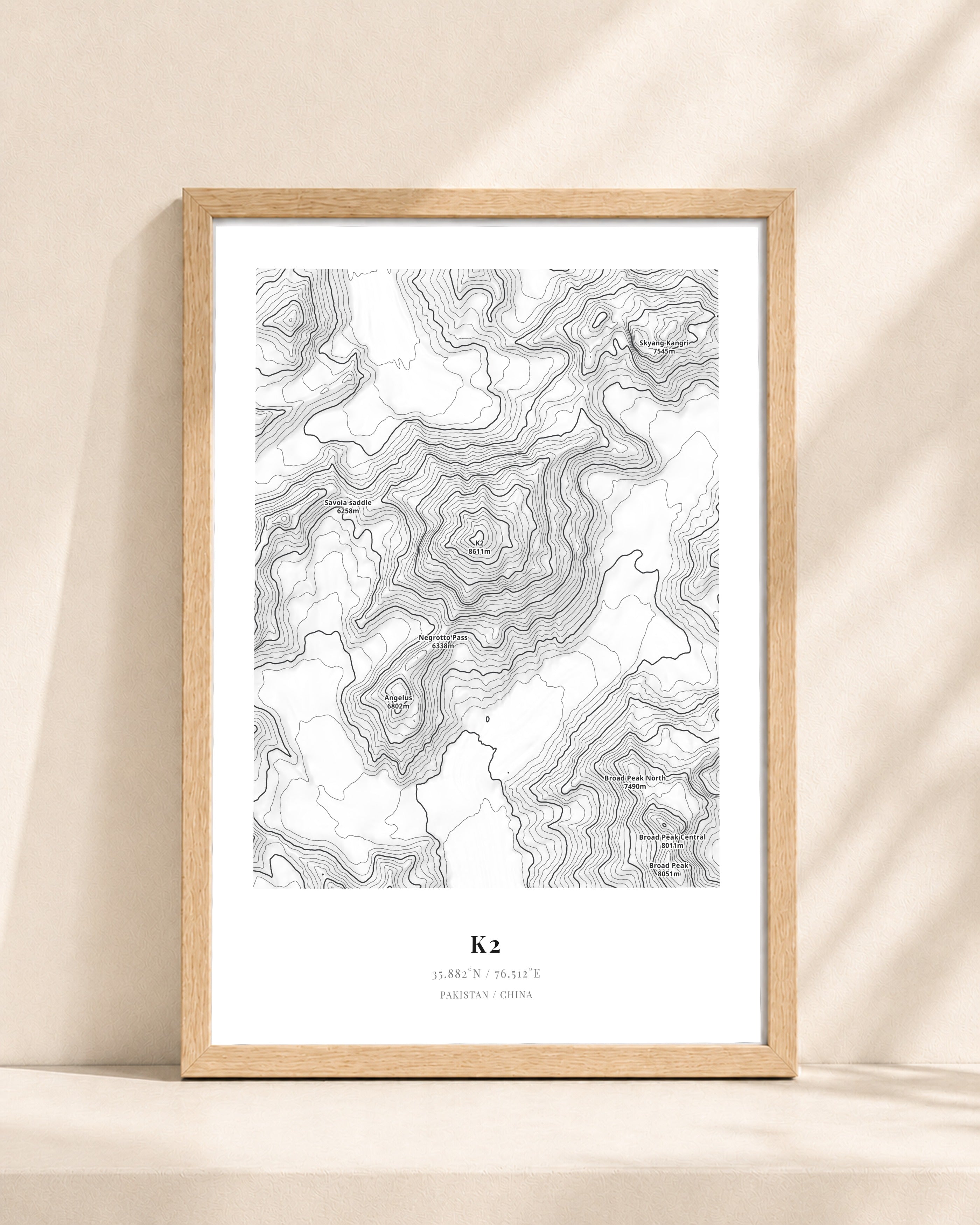 K2 2D Contour Print – framed contour map print, natural wood frame
