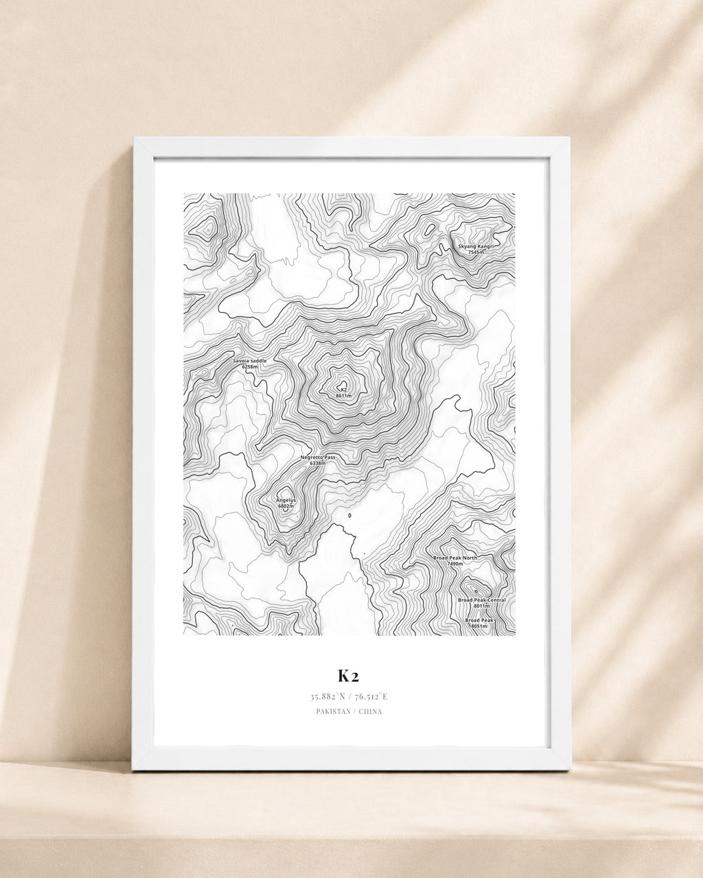 K2 2D Contour Print – framed contour map print, white frame