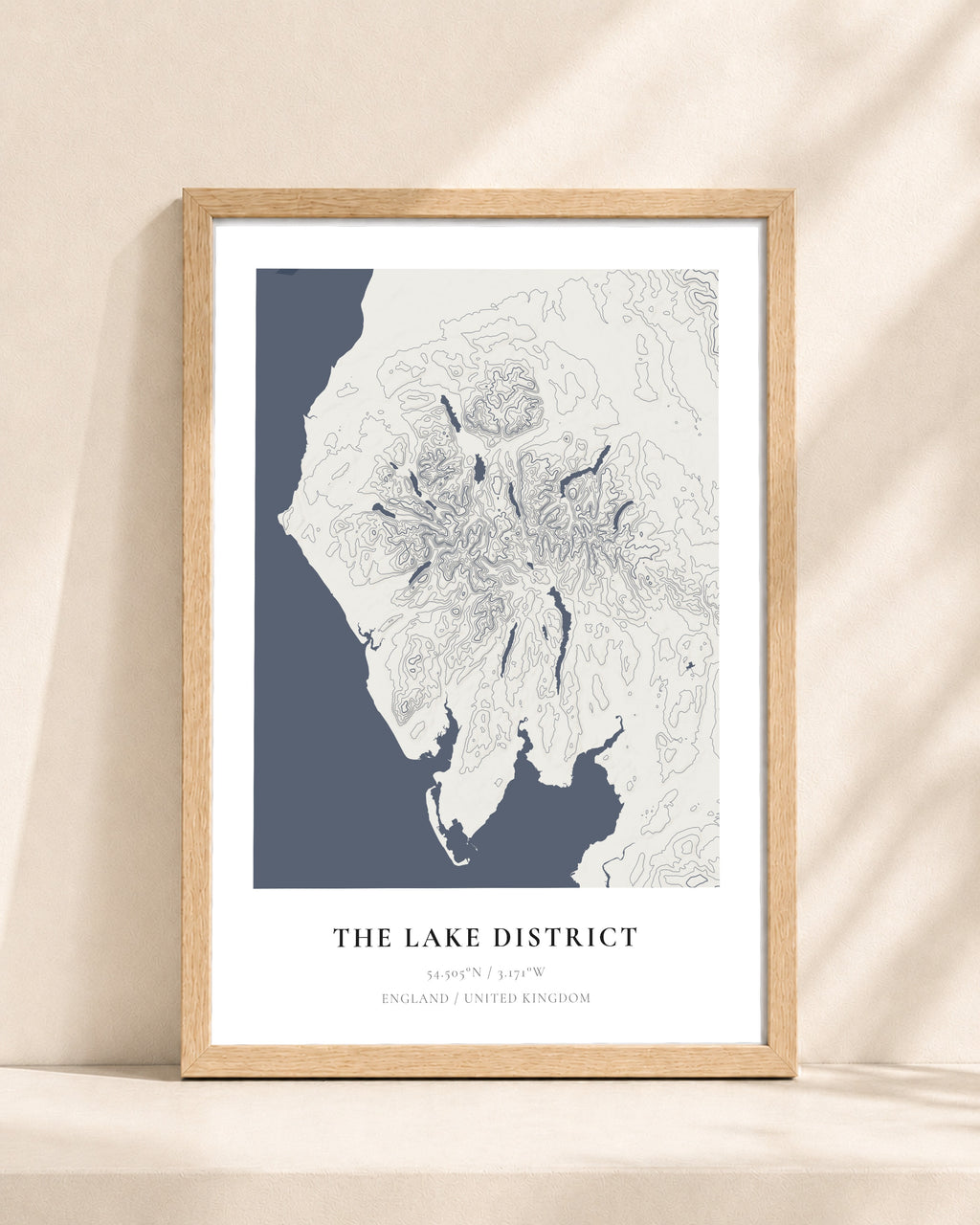 Lake District 2D Contour Print – framed contour map print, natural wood frame
