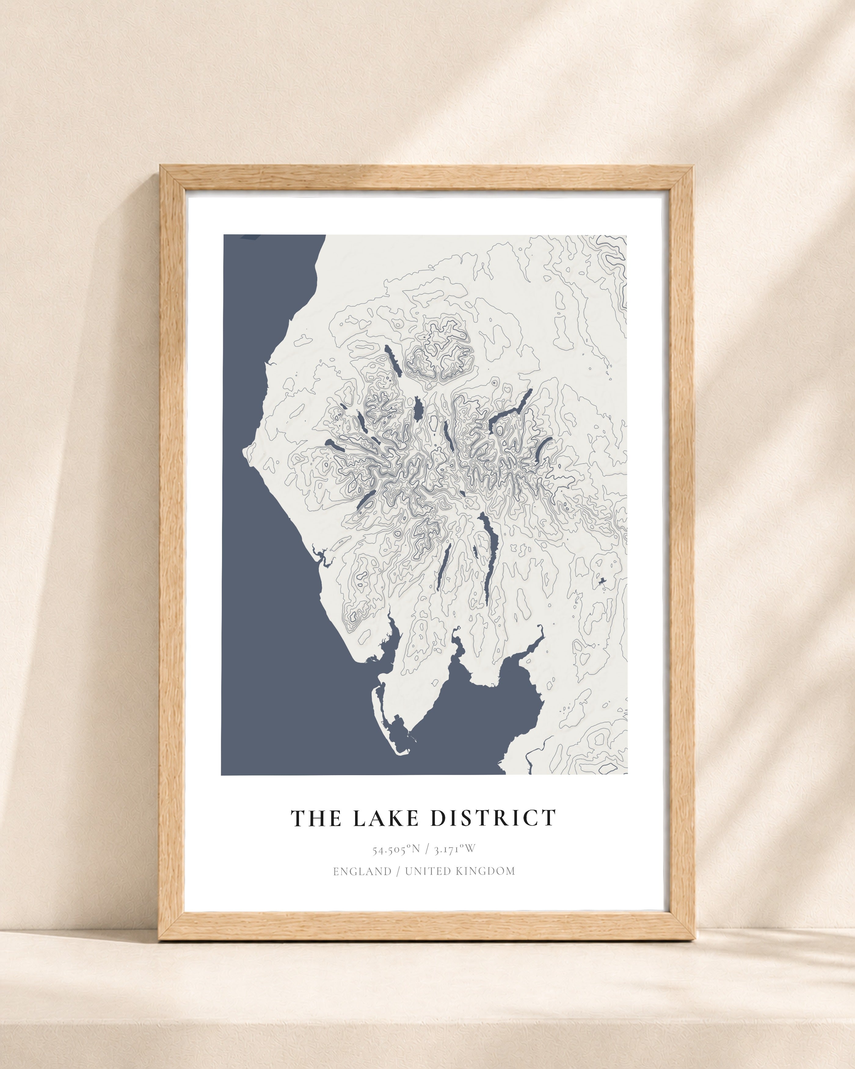 Lake District 2D Contour Print – framed contour map print, natural wood frame