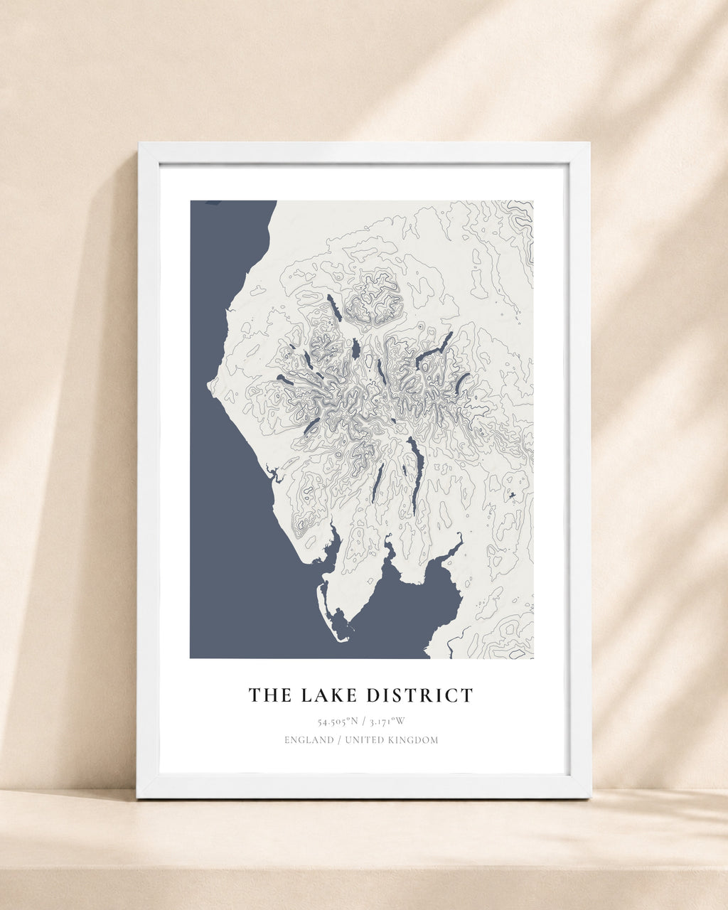 Lake District 2D Contour Print – framed contour map print, white frame