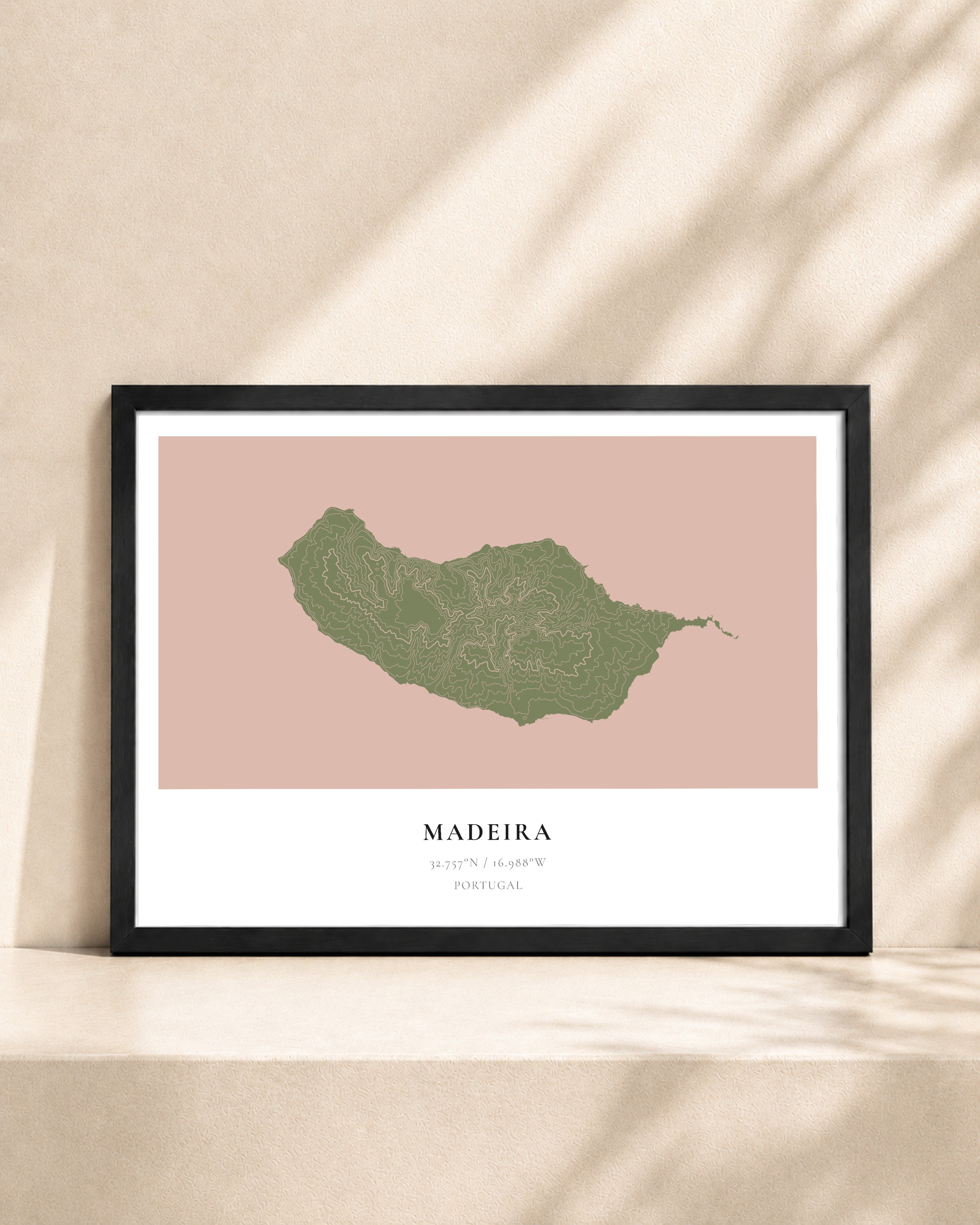 Madeira 2D Contour Print – framed contour map print, black frame