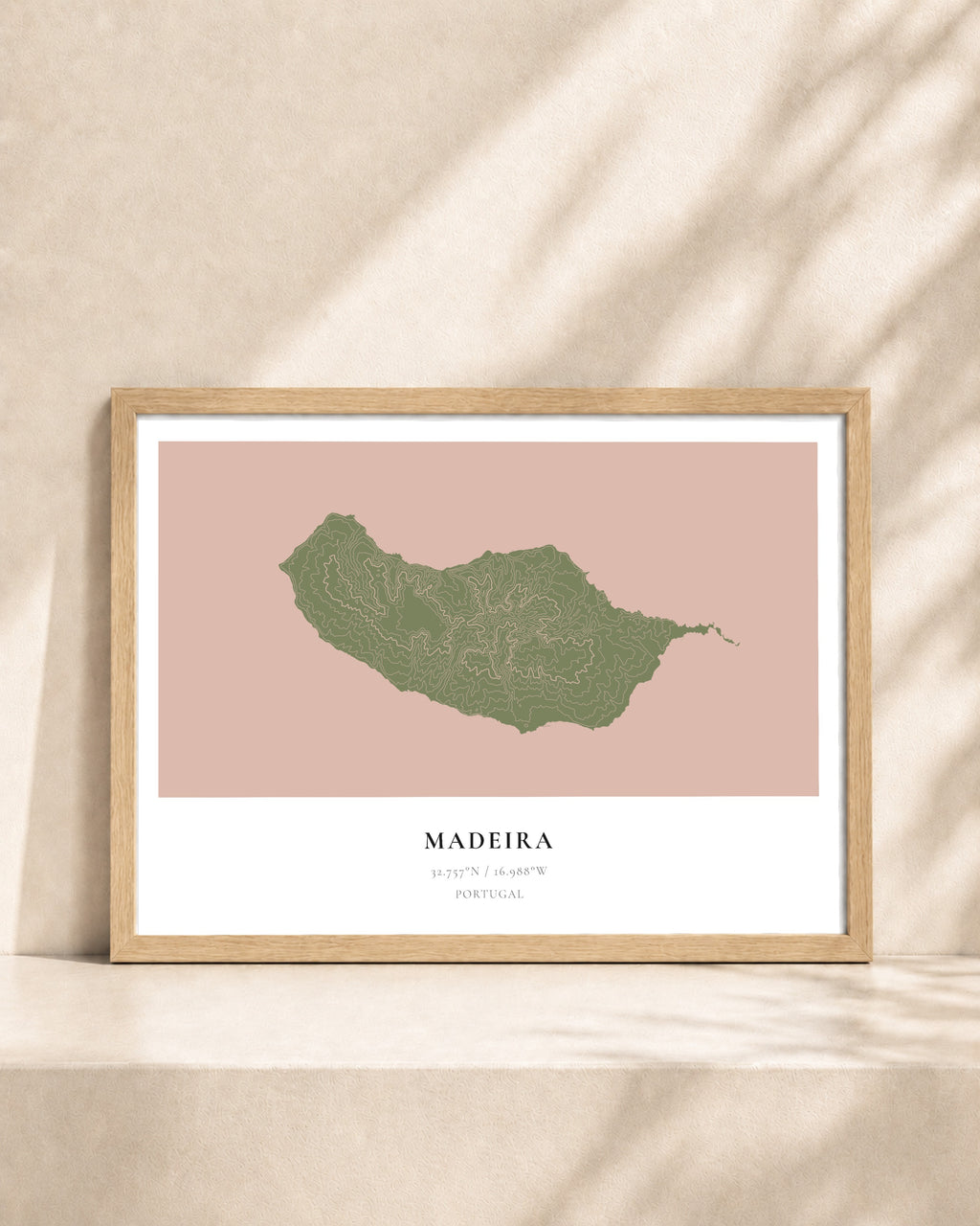 Madeira 2D Contour Print – framed contour map print, natural wood frame
