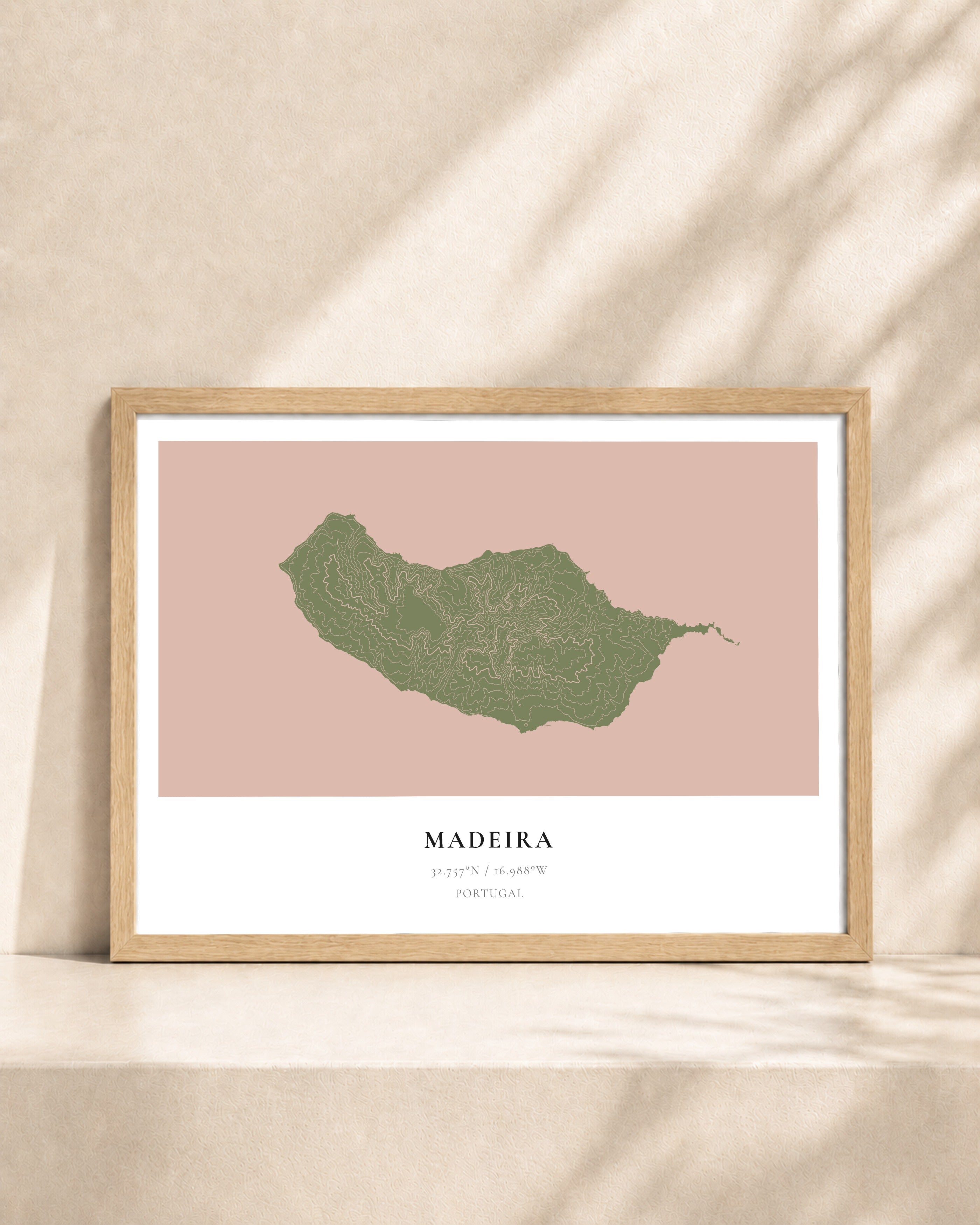 Madeira 2D Contour Print – framed contour map print, natural wood frame