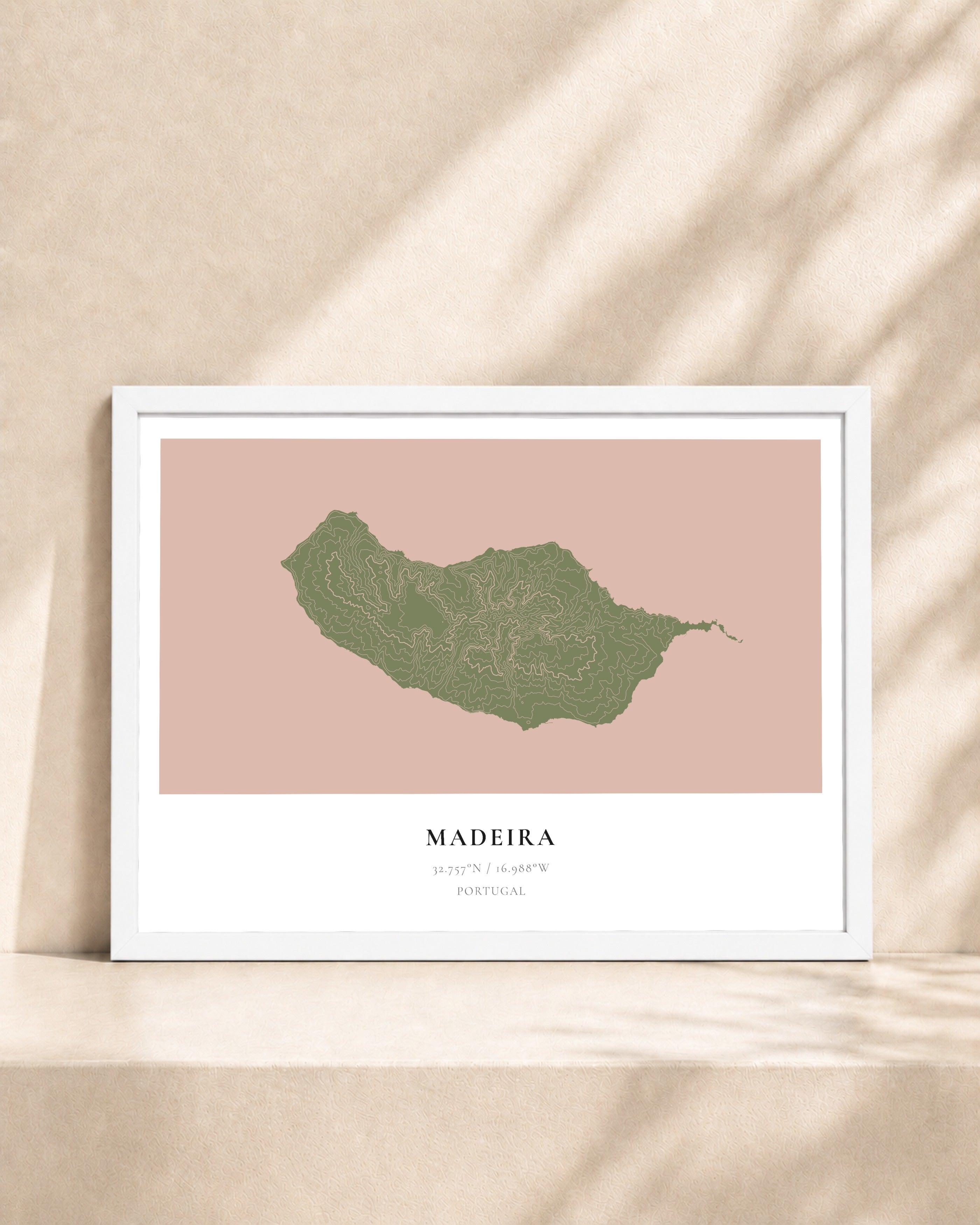 Madeira 2D Contour Print – framed contour map print, white frame