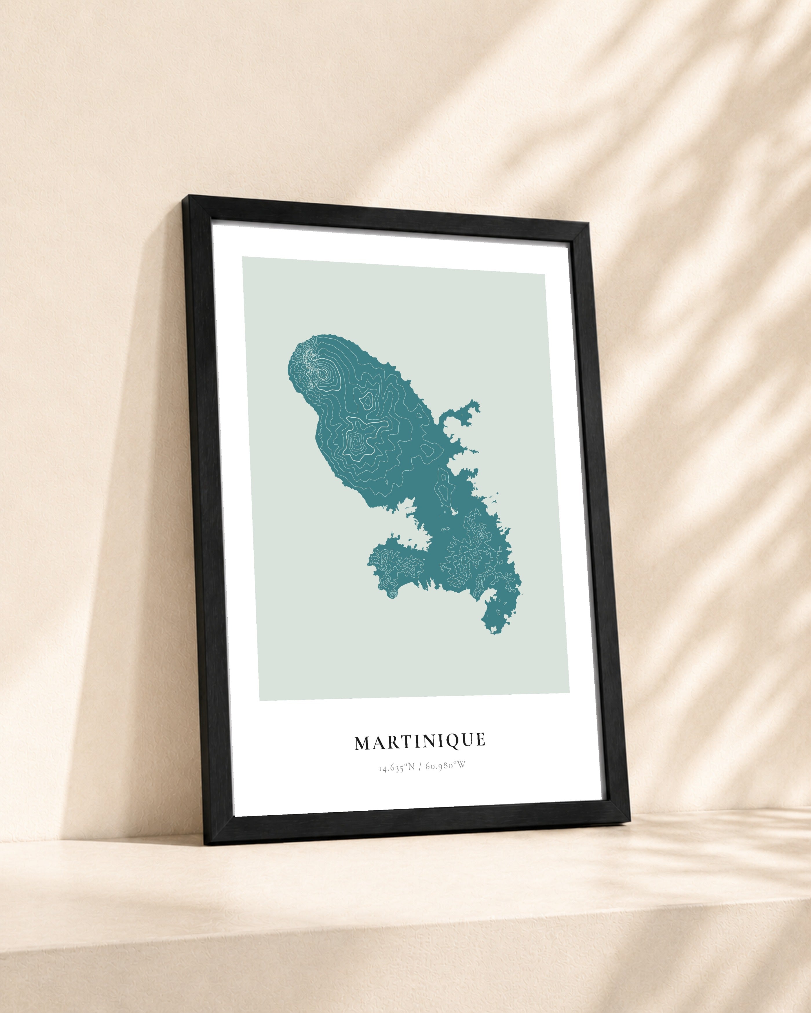 Martinique 2D Contour Print – framed contour map print, lifestyle scene