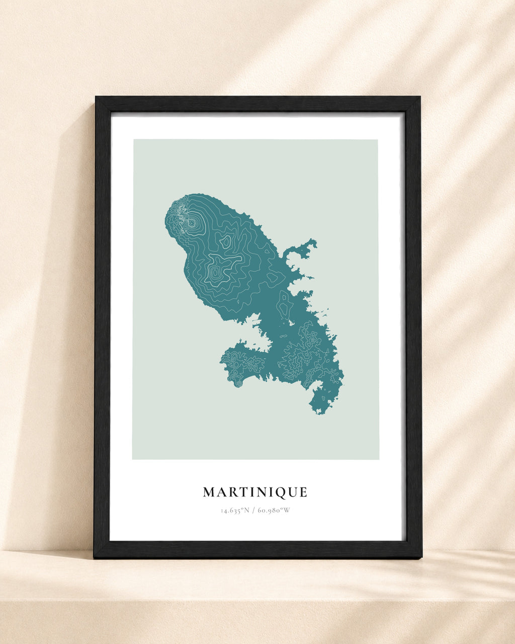 Martinique 2D Contour Print – framed contour map print, black frame