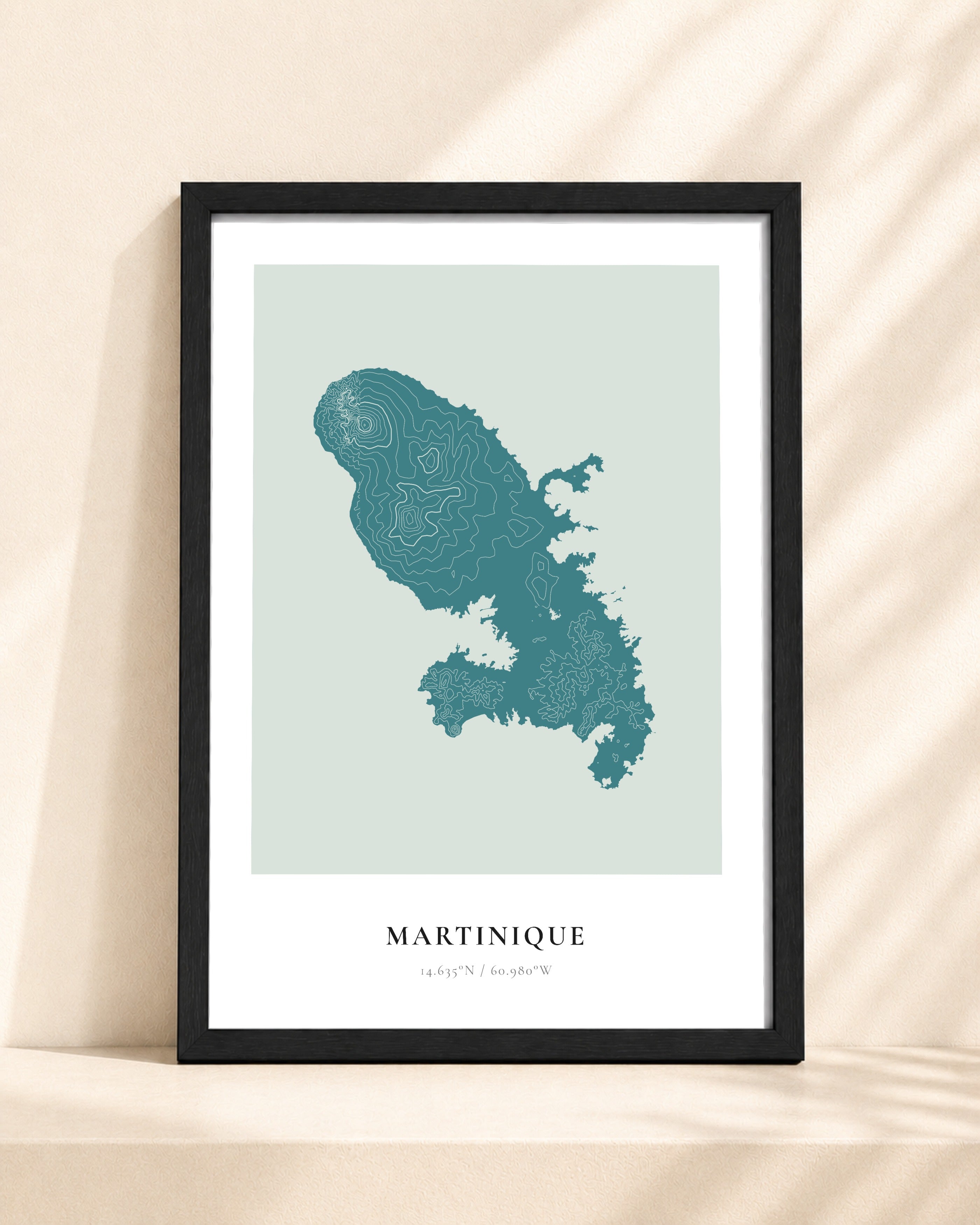 Martinique 2D Contour Print – framed contour map print, black frame