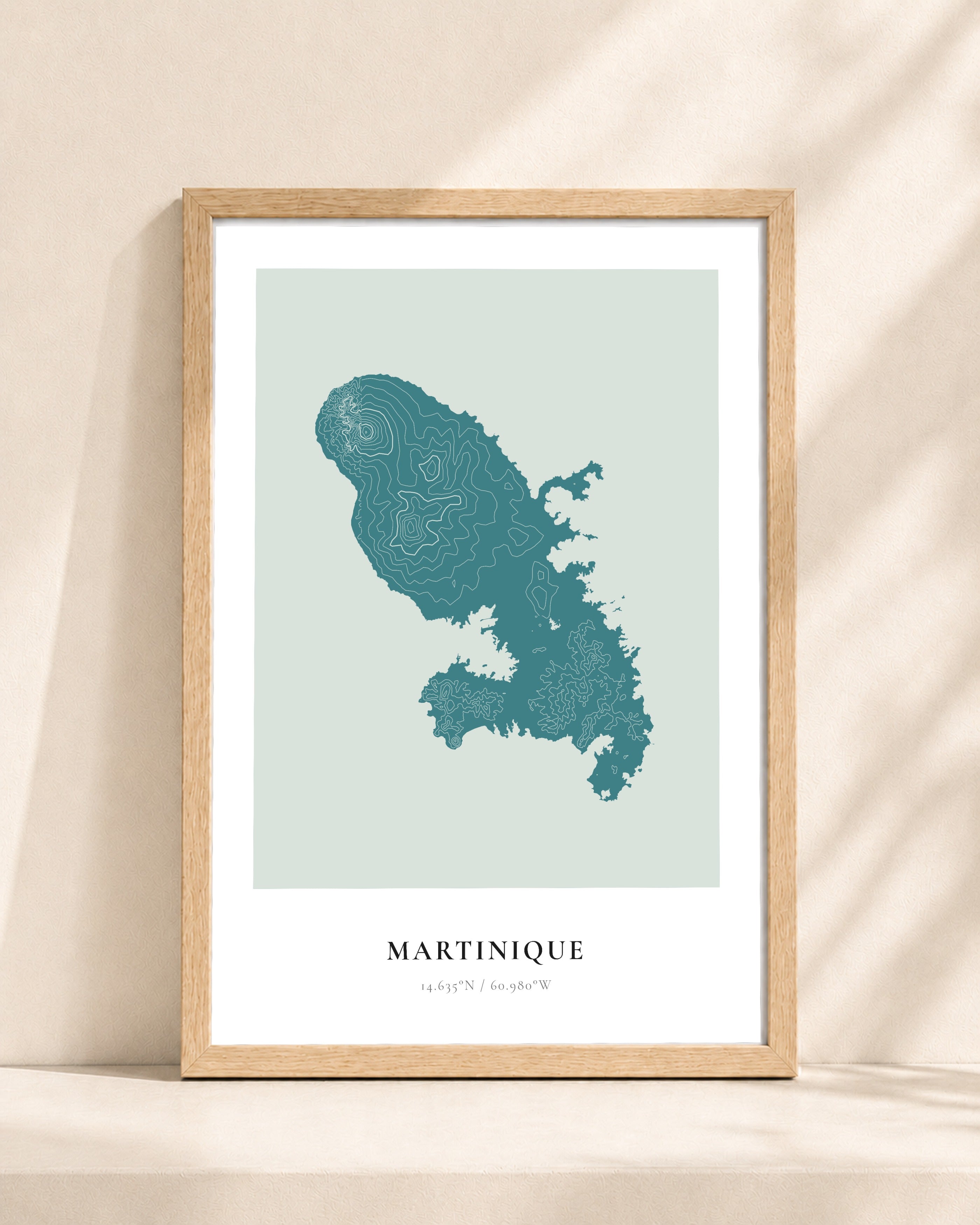 Martinique 2D Contour Print – framed contour map print, natural wood frame