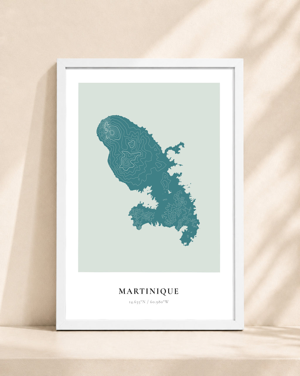 Martinique 2D Contour Print – framed contour map print, white frame