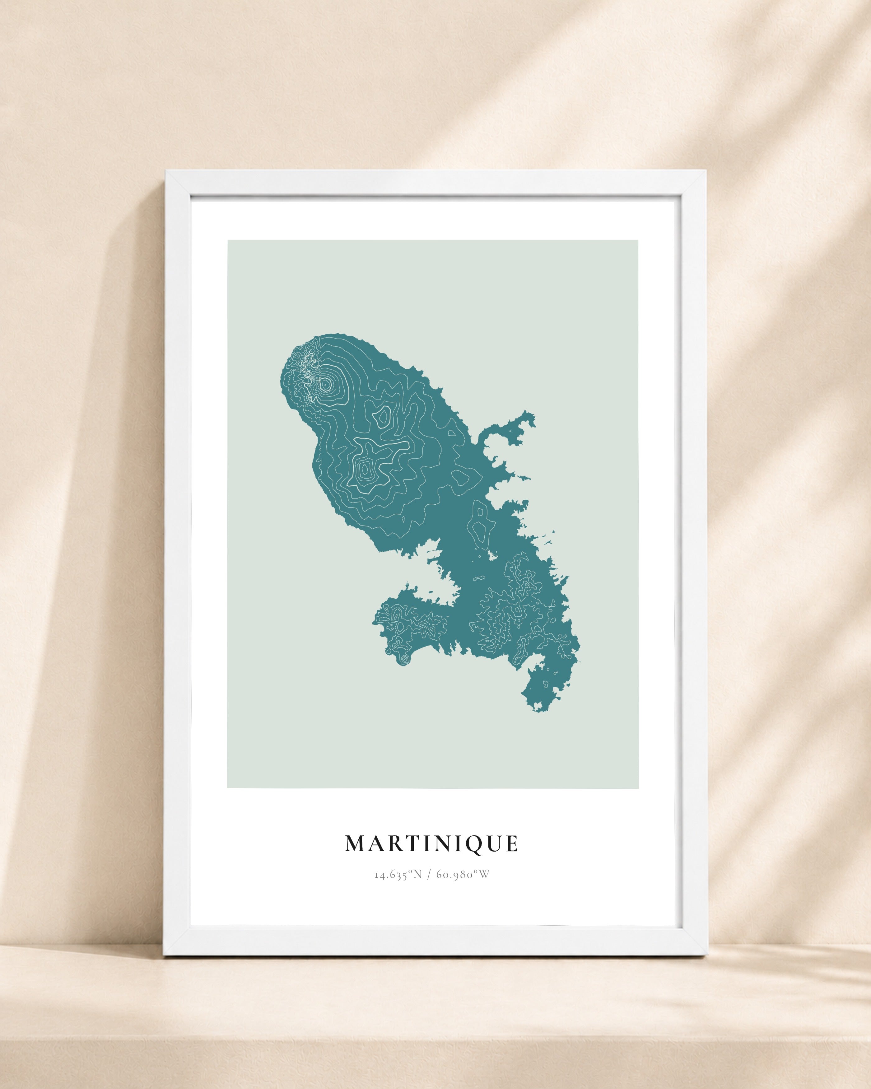 Martinique 2D Contour Print – framed contour map print, white frame