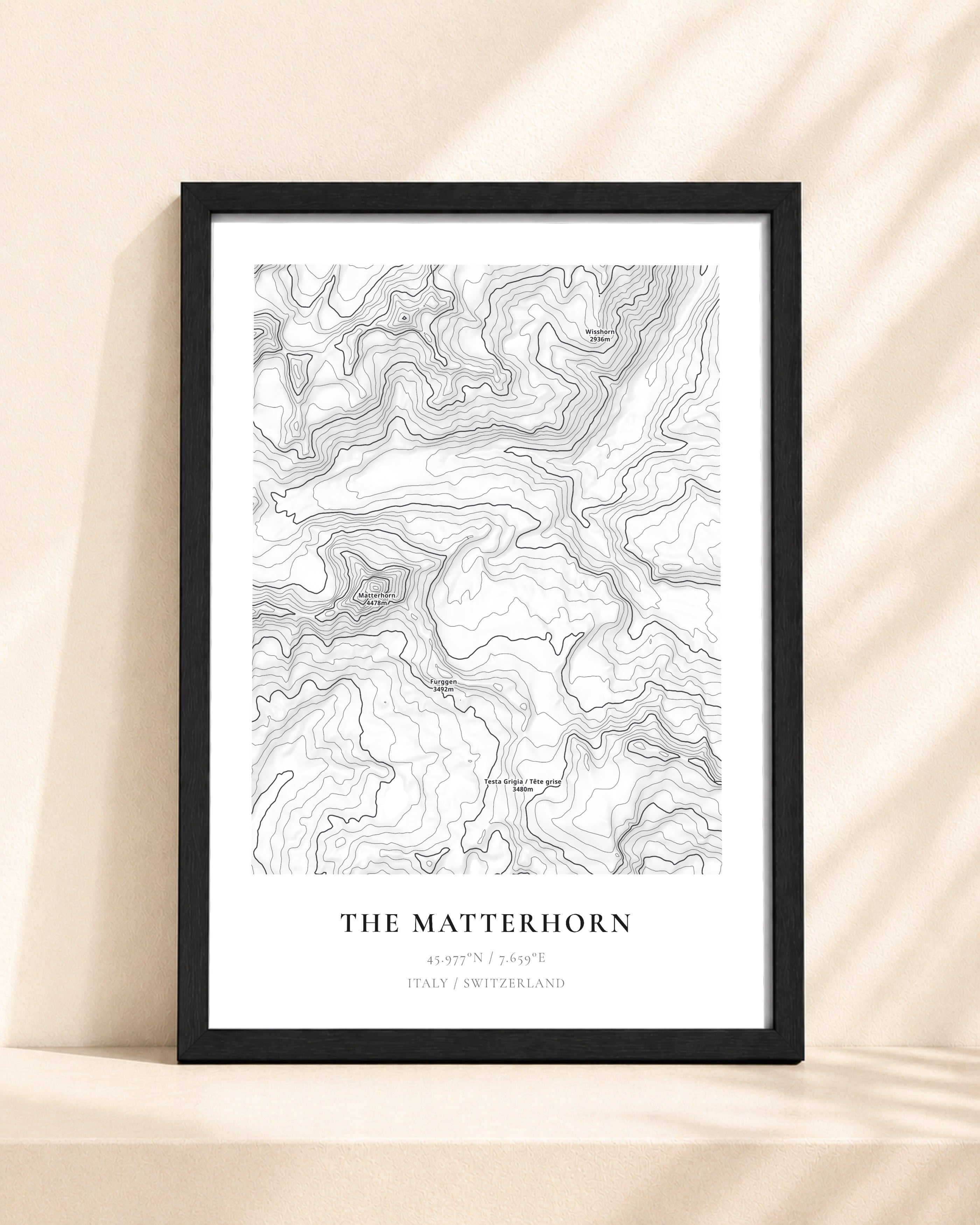 The Matterhorn 2D Contour Print – framed contour map print, black frame