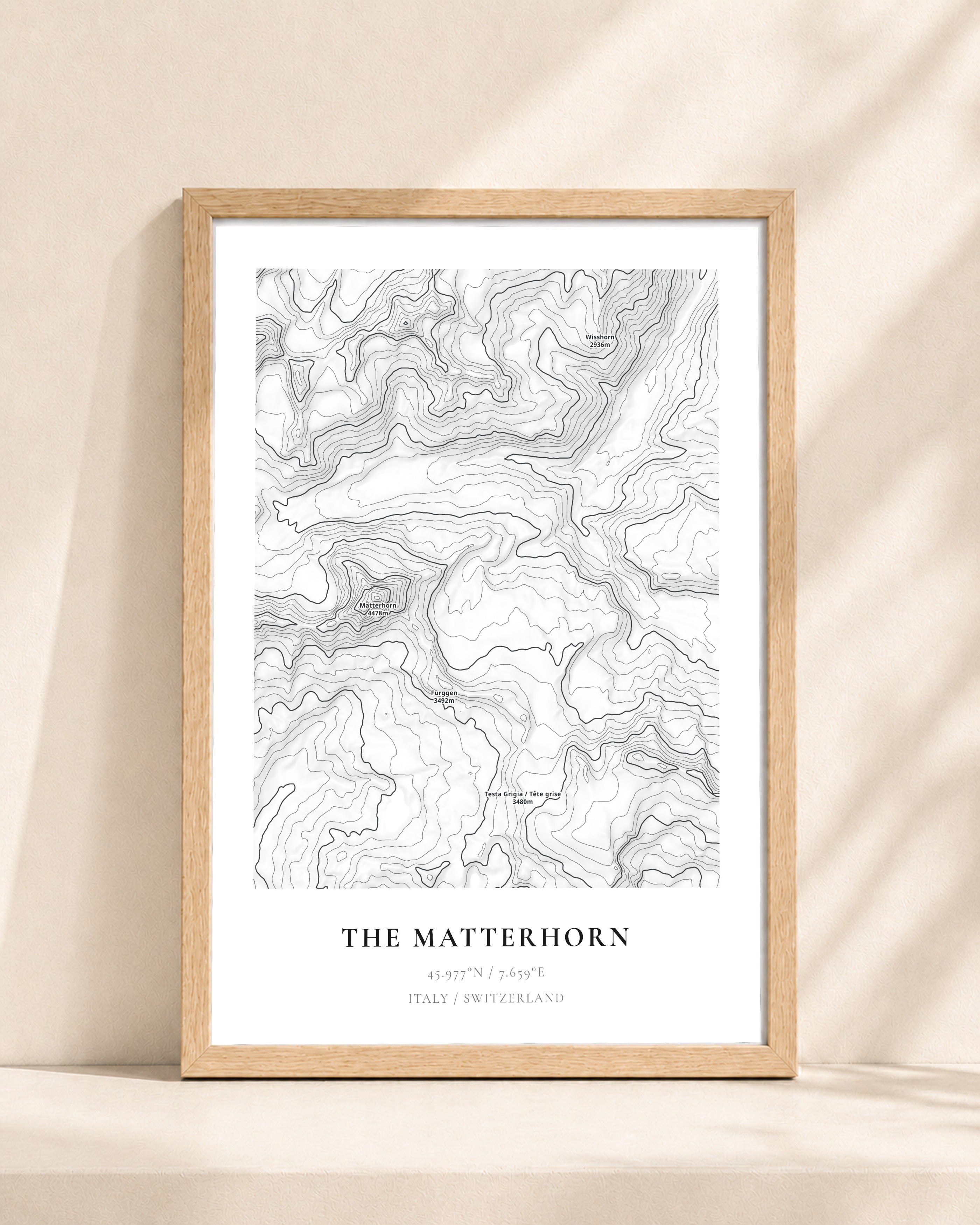 The Matterhorn 2D Contour Print – framed contour map print, natural wood frame