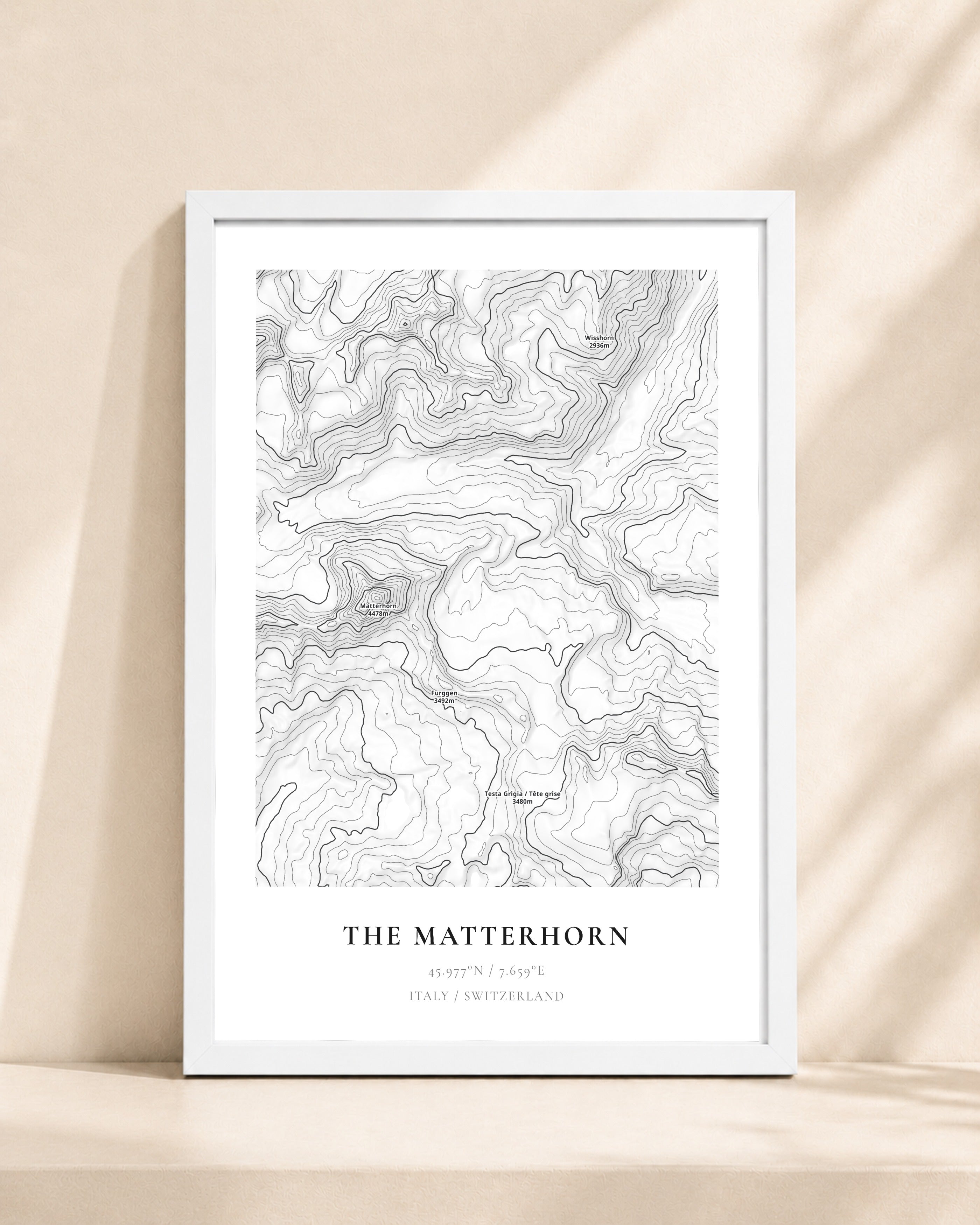 The Matterhorn 2D Contour Print – framed contour map print, white frame